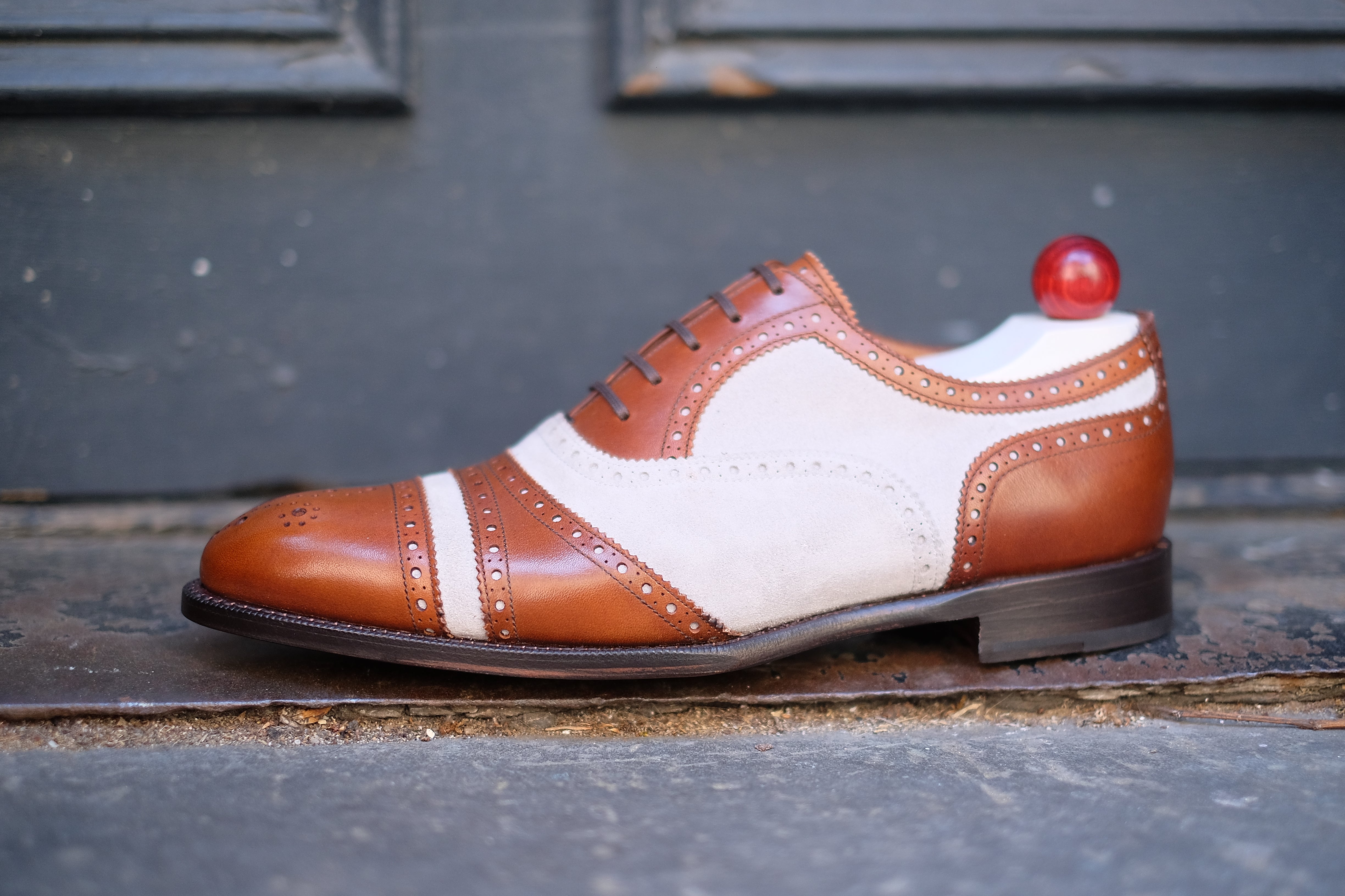 Phillips - MTO - Maple Calf / Pearl Suede-Made To Order Captoe Cap Toe Tarsal Brogue Spectator Oxfords-J.FitzPatrick Footwear