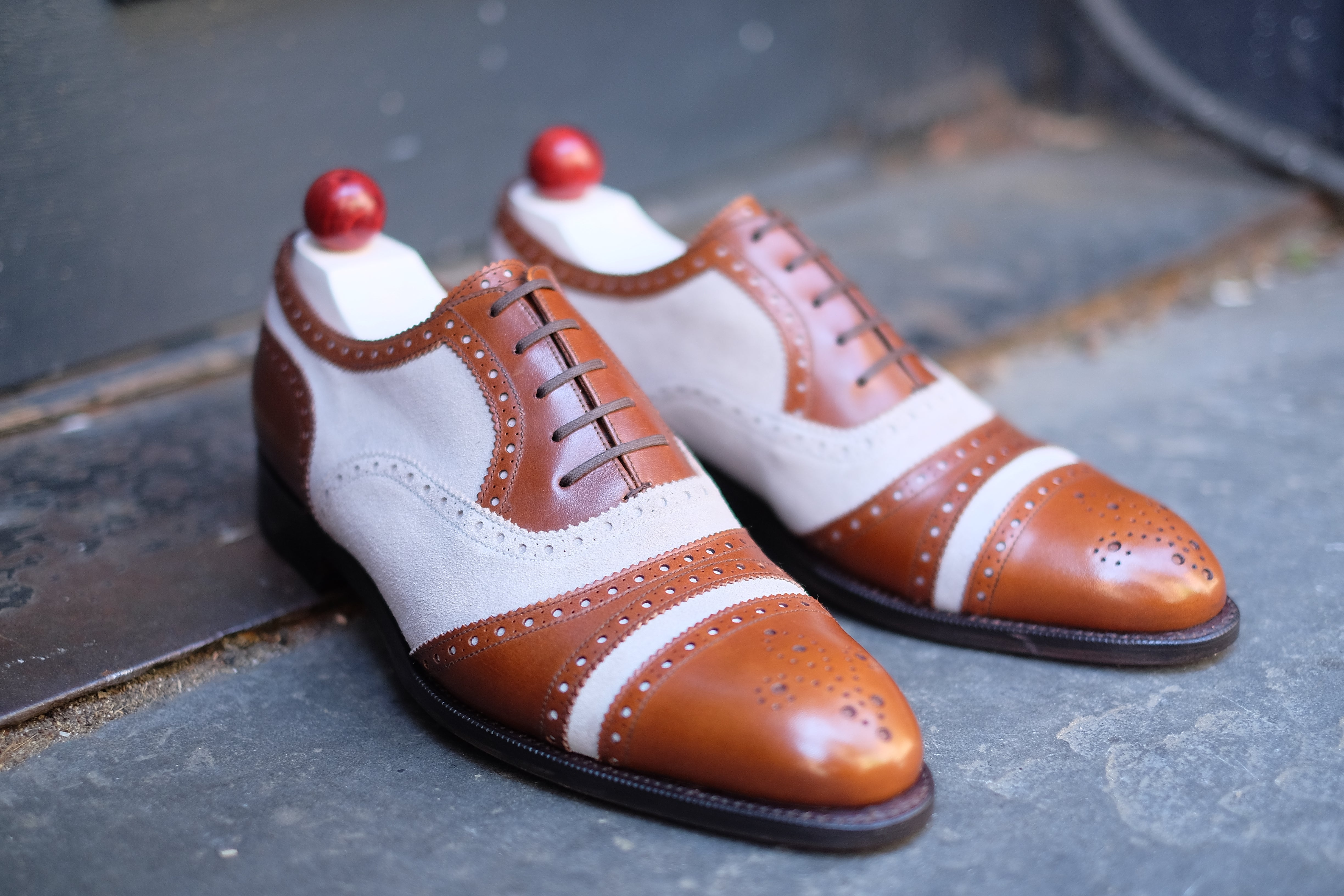 Phillips - MTO - Maple Calf / Pearl Suede-Made To Order Captoe Cap Toe Tarsal Brogue Spectator Oxfords-J.FitzPatrick Footwear