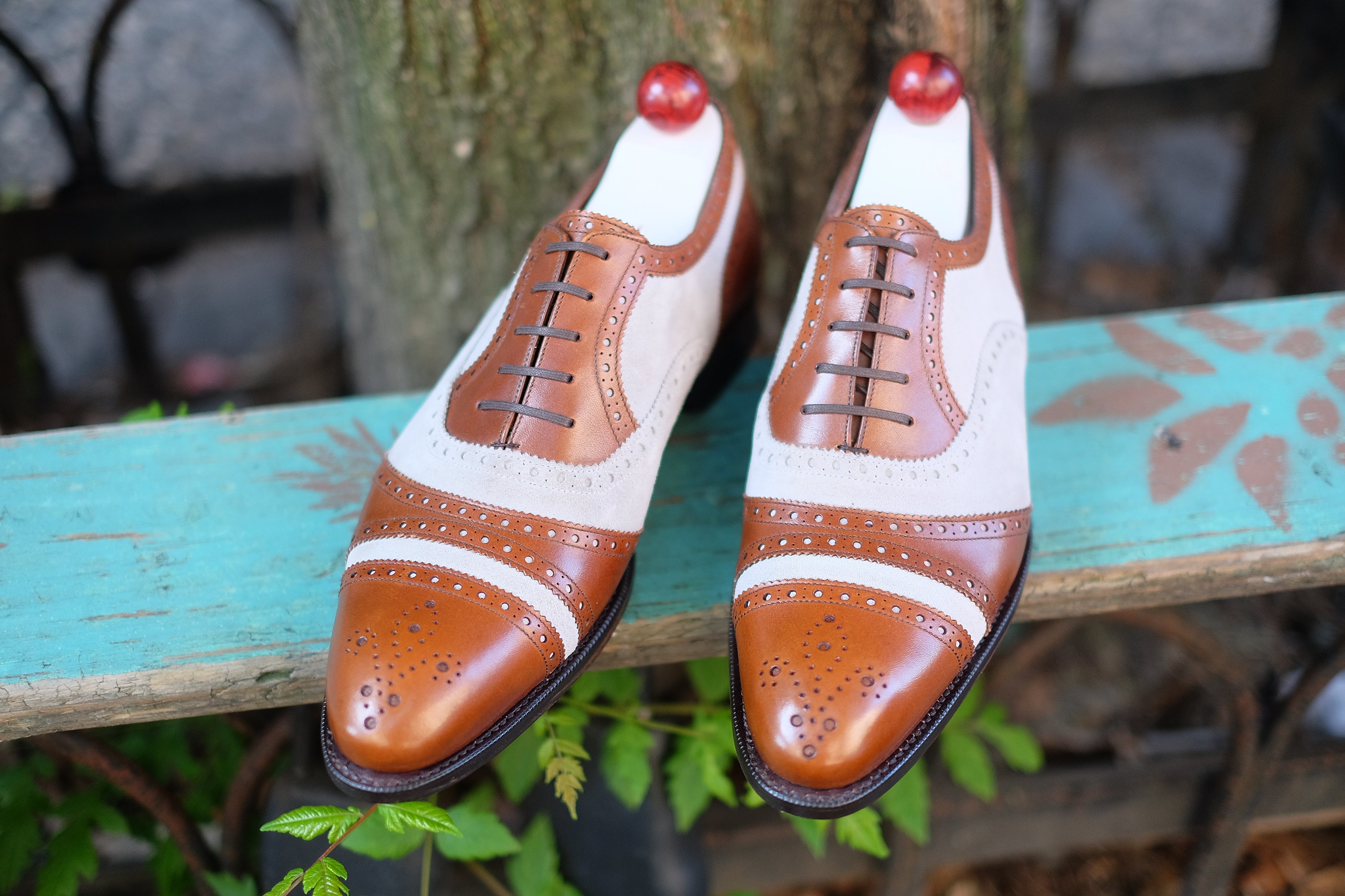 Phillips - MTO - Maple Calf / Pearl Suede-Made To Order Captoe Cap Toe Tarsal Brogue Spectator Oxfords-J.FitzPatrick Footwear