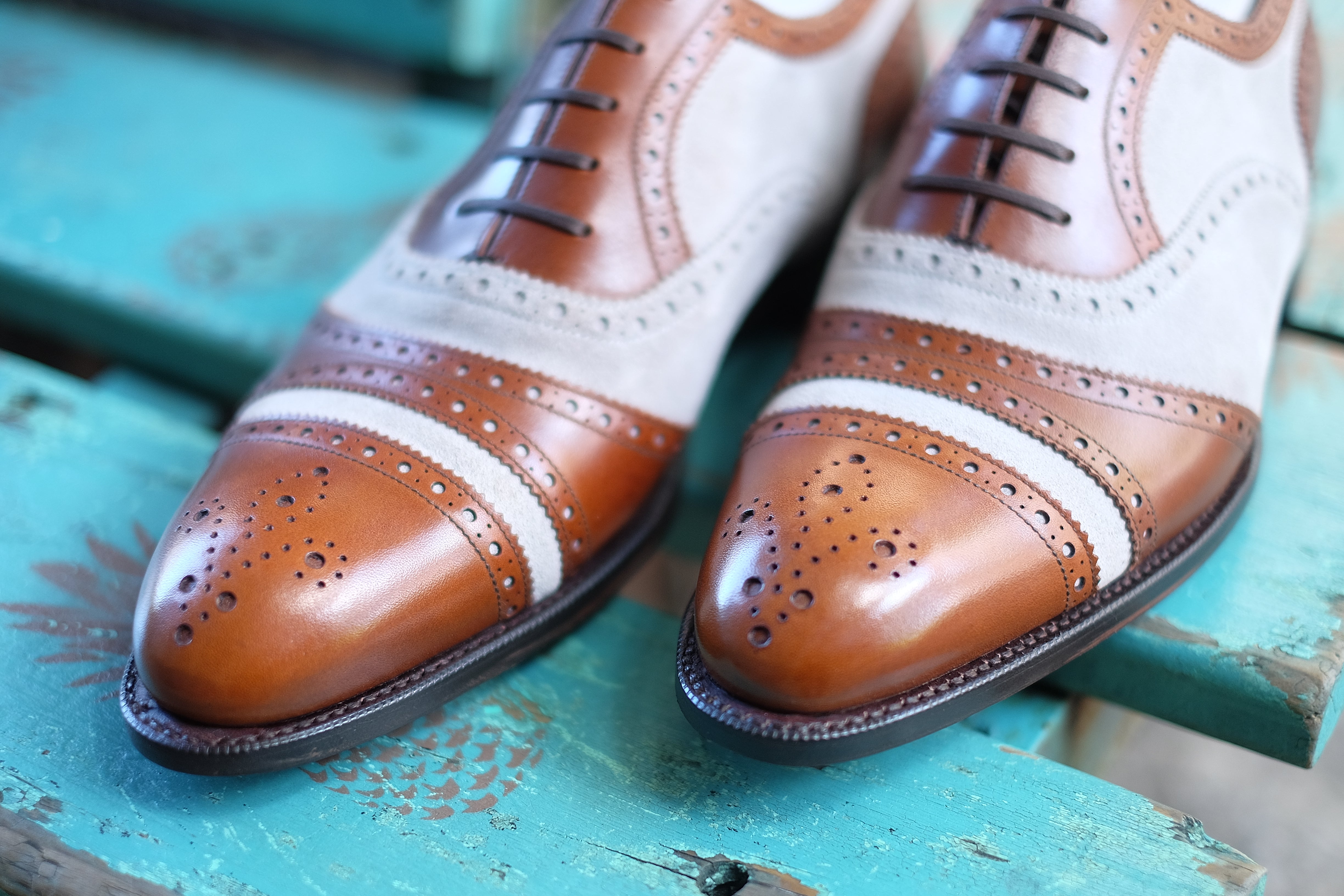 Phillips - MTO - Maple Calf / Pearl Suede-Made To Order Captoe Cap Toe Tarsal Brogue Spectator Oxfords-J.FitzPatrick Footwear