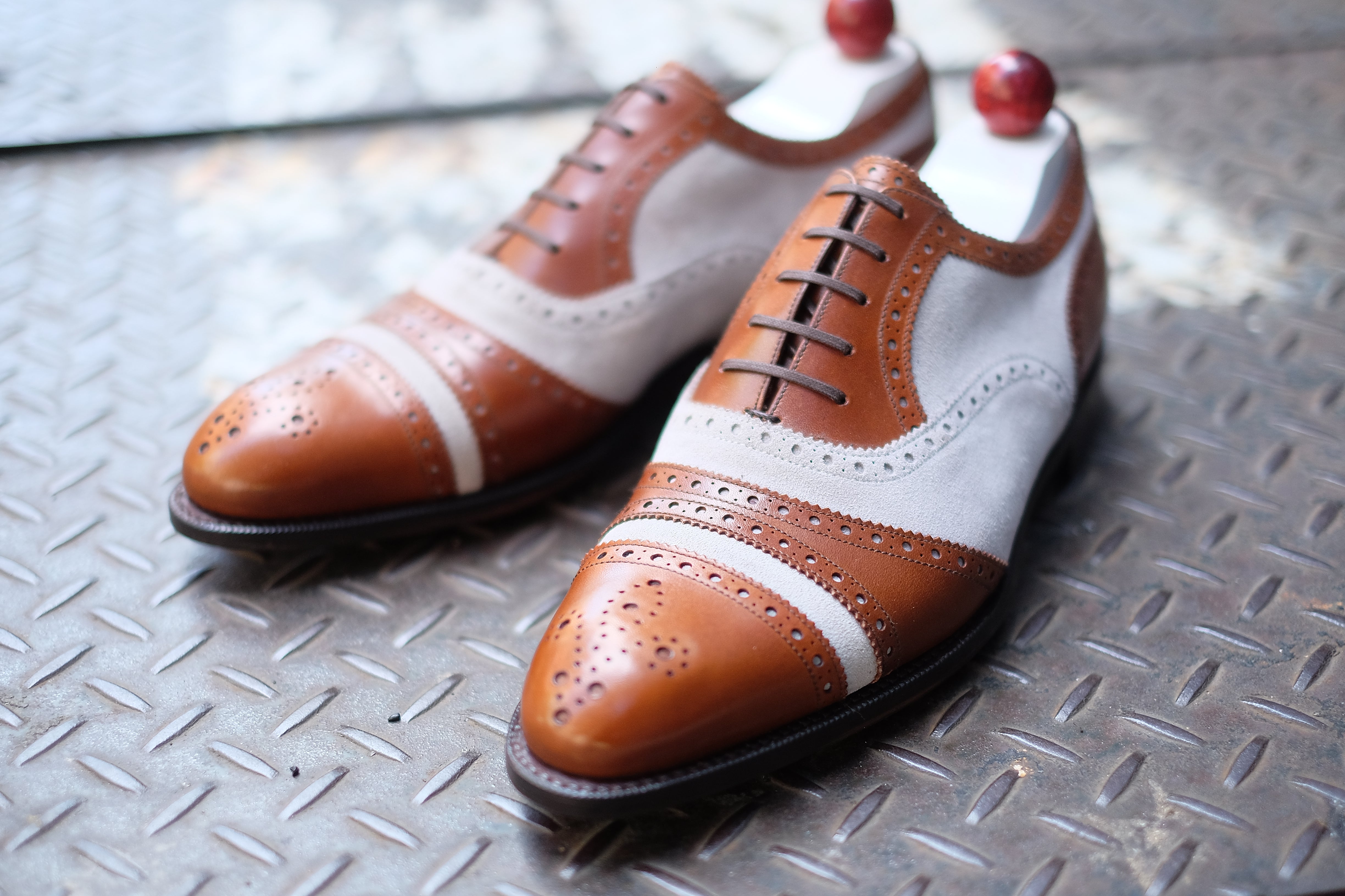 Phillips - MTO - Maple Calf / Pearl Suede-Made To Order Captoe Cap Toe Tarsal Brogue Spectator Oxfords-J.FitzPatrick Footwear