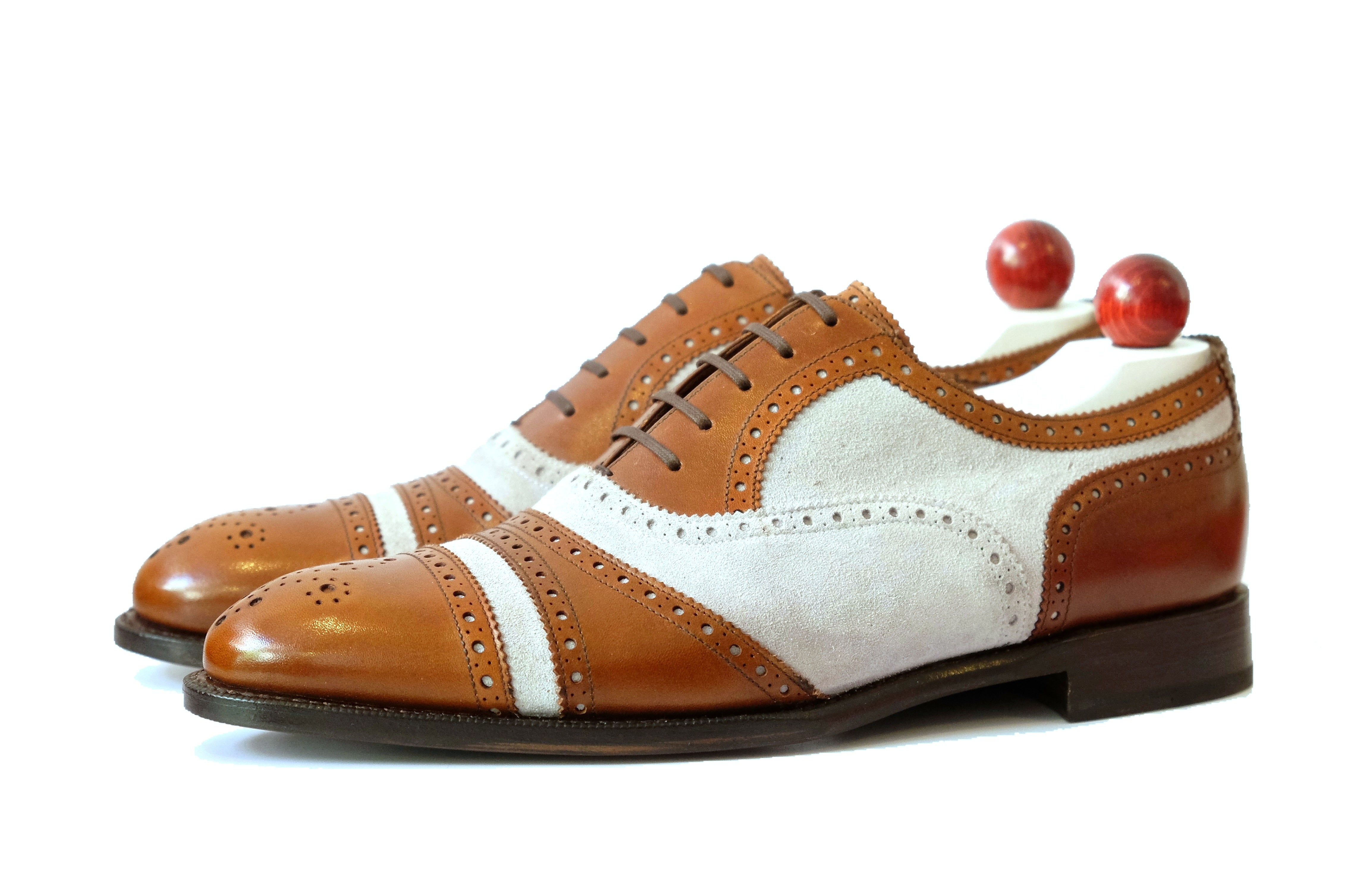 Phillips - MTO - Maple Calf / Pearl Suede-Made To Order Captoe Cap Toe Tarsal Brogue Spectator Oxfords-J.FitzPatrick Footwear