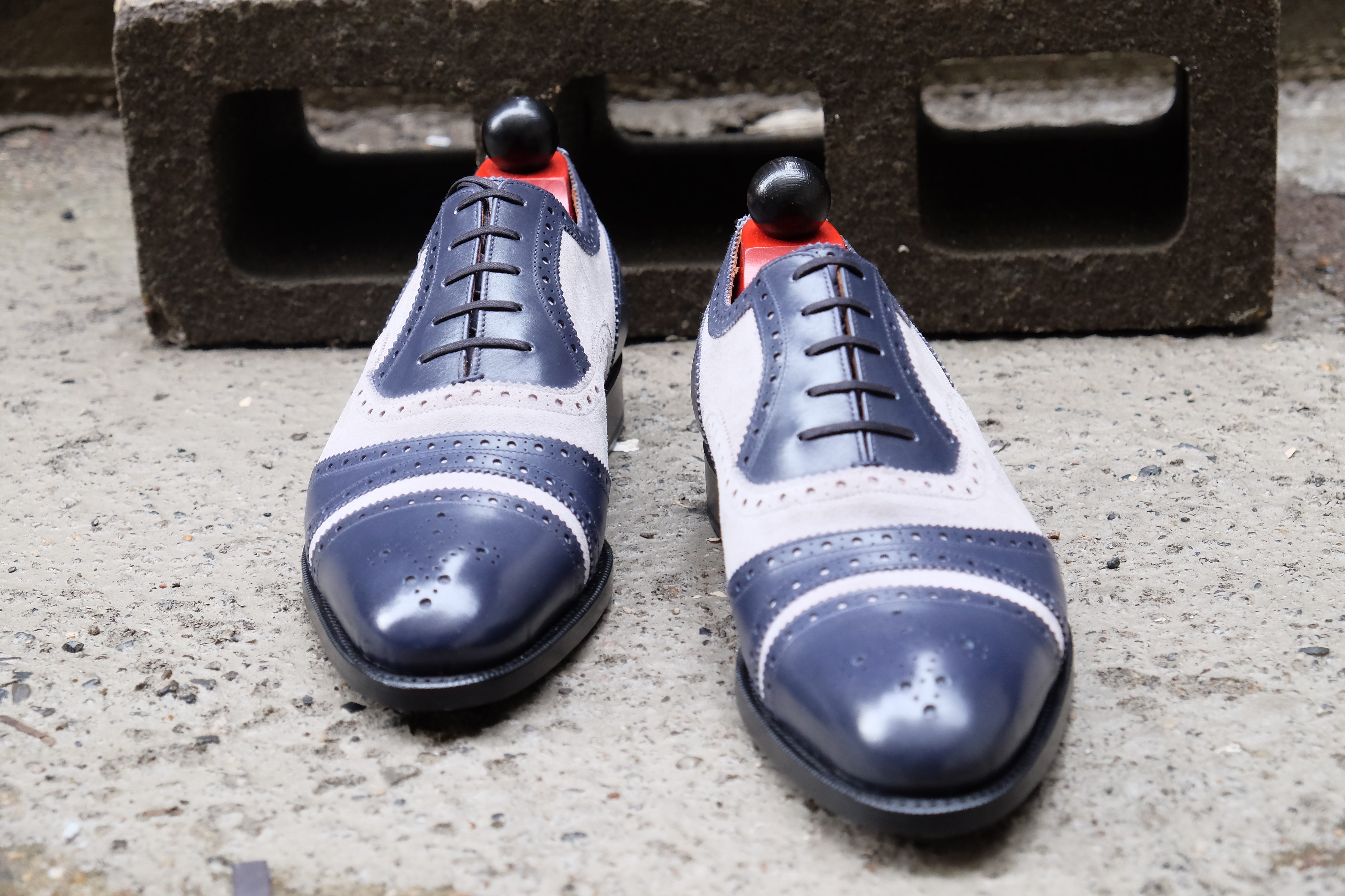Phillips - MTO - Marine Blue Calf / Pearl Suede - NGT Last - Single Leather Sole-Made To Order Captoe Cap Toe Tarsal Brogue Spectator Oxfords-J.FitzPatrick Footwear