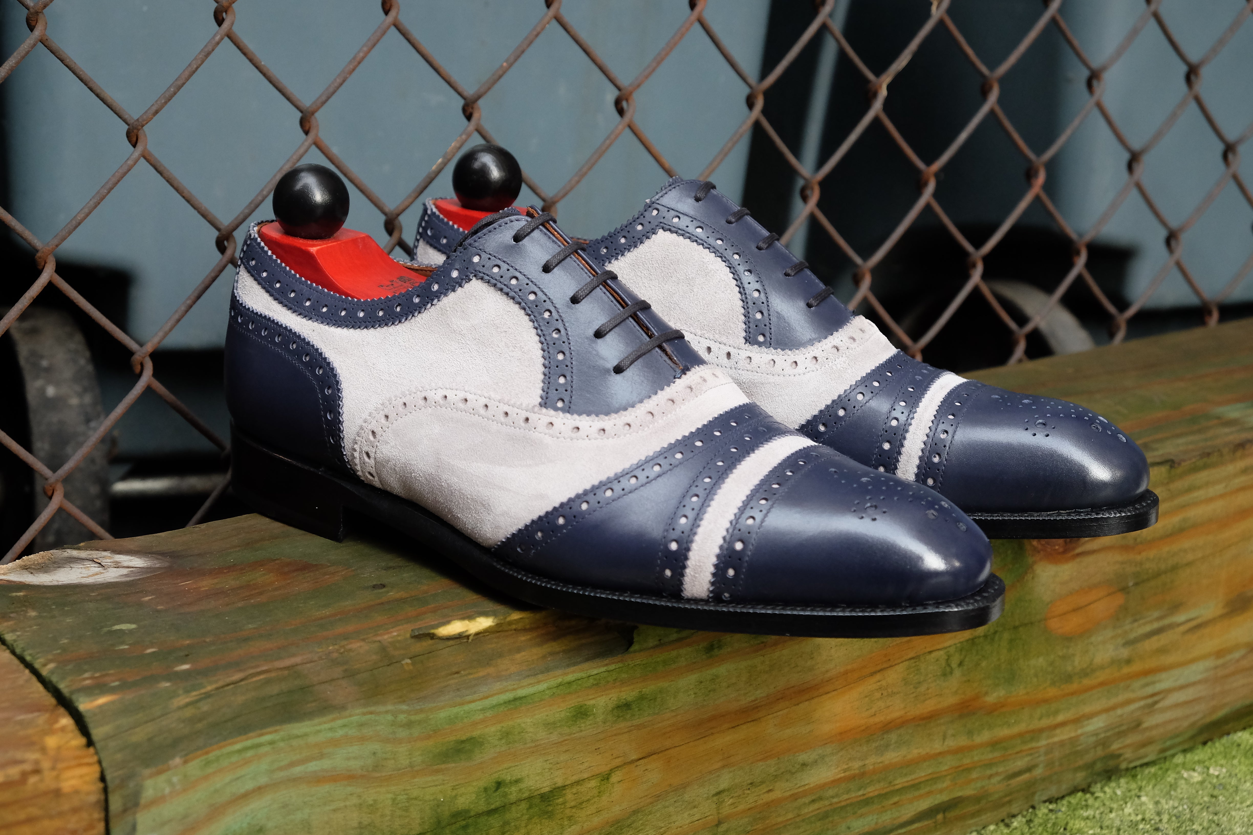 Phillips - MTO - Marine Blue Calf / Pearl Suede - NGT Last - Single Leather Sole-Made To Order Captoe Cap Toe Tarsal Brogue Spectator Oxfords-J.FitzPatrick Footwear