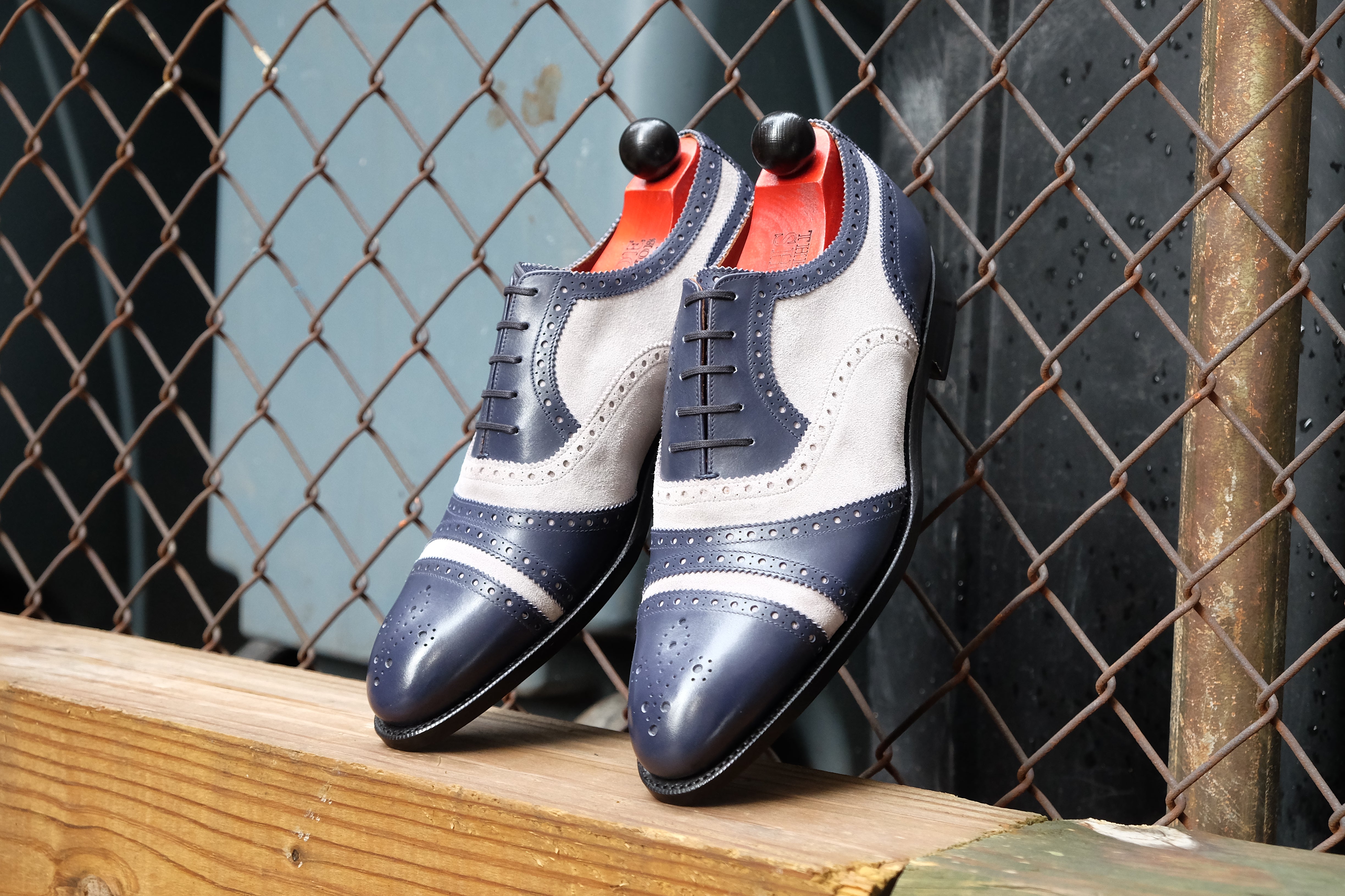Phillips - MTO - Marine Blue Calf / Pearl Suede - NGT Last - Single Leather Sole-Made To Order Captoe Cap Toe Tarsal Brogue Spectator Oxfords-J.FitzPatrick Footwear