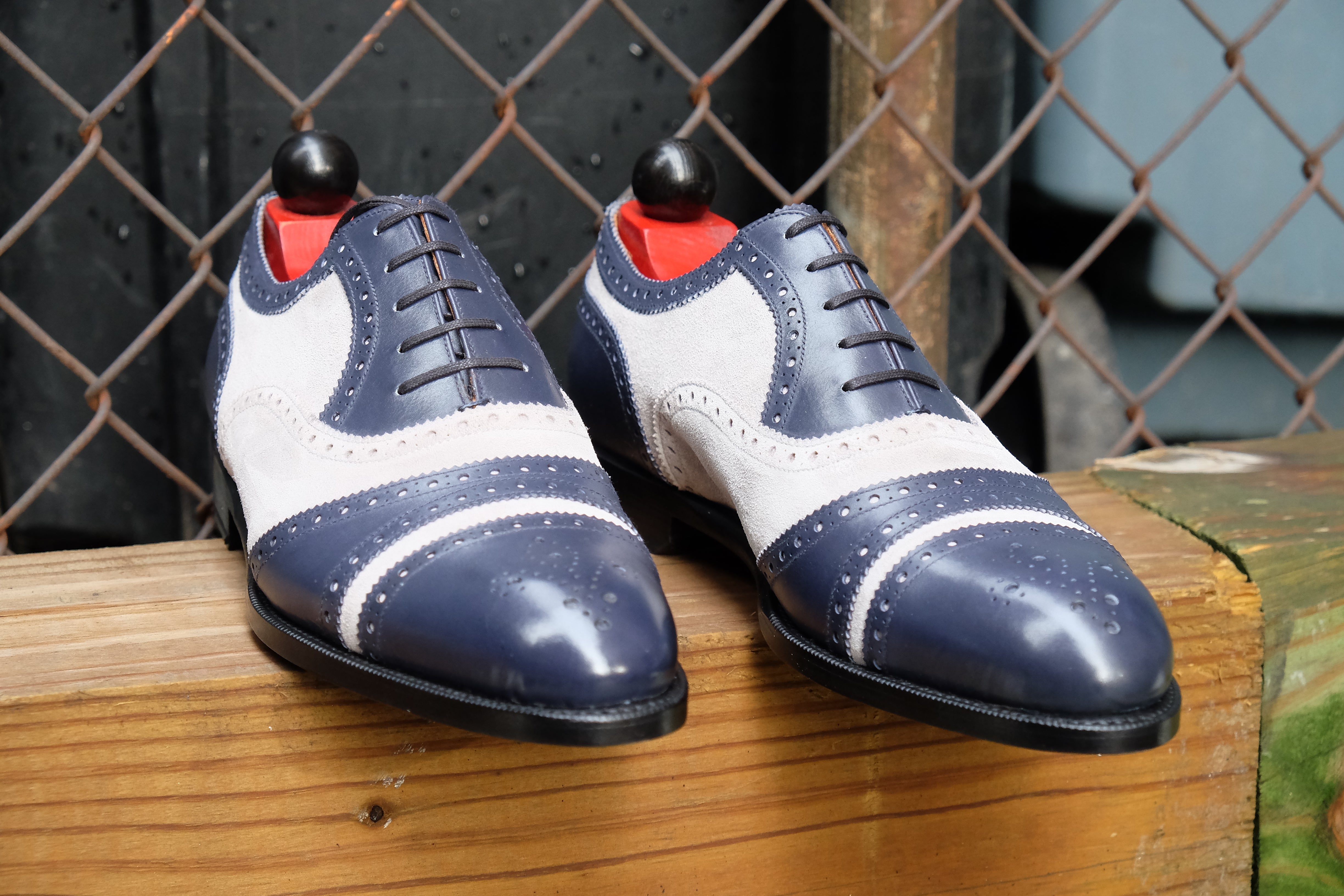 Phillips - MTO - Marine Blue Calf / Pearl Suede - NGT Last - Single Leather Sole-Made To Order Captoe Cap Toe Tarsal Brogue Spectator Oxfords-J.FitzPatrick Footwear