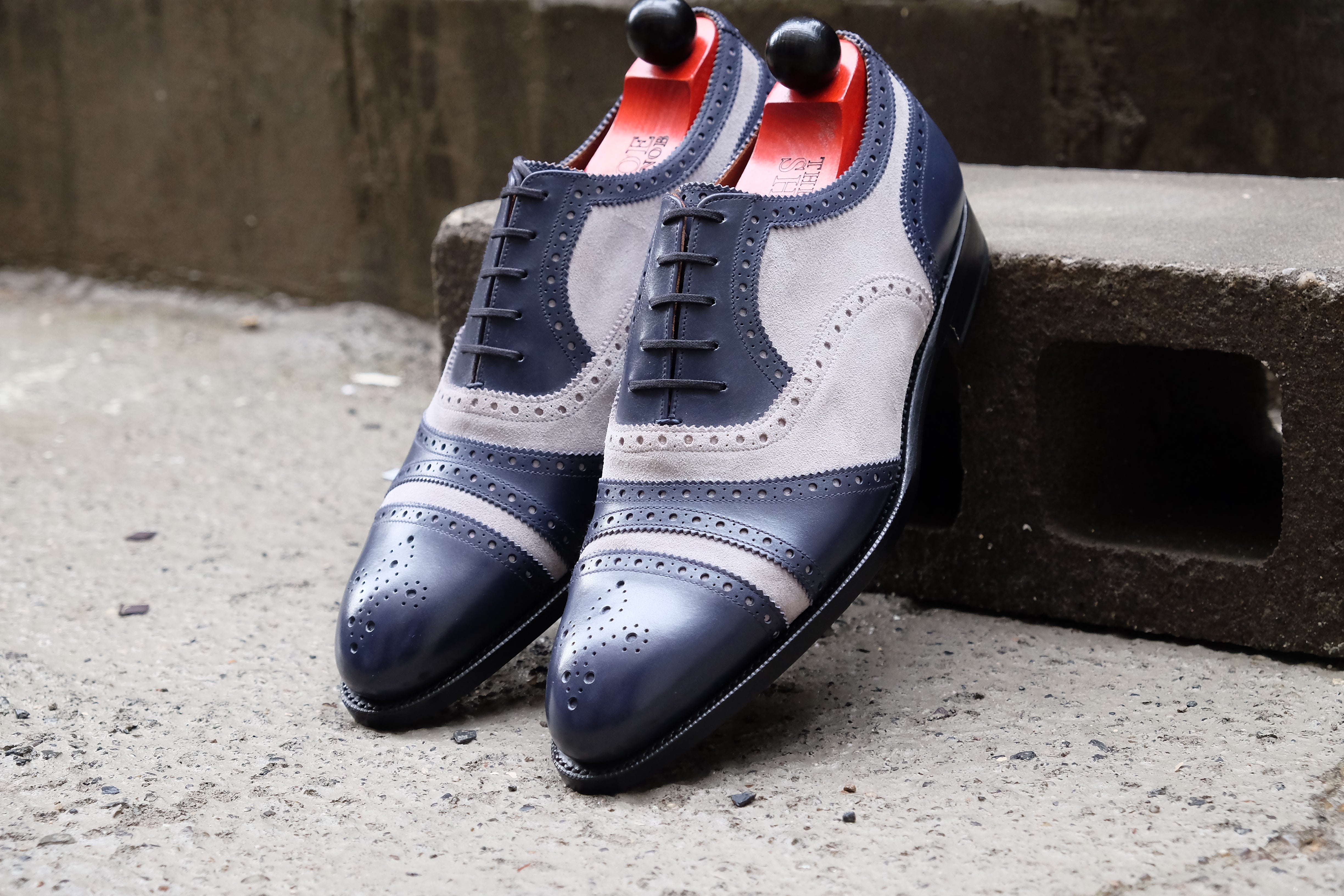 Phillips - MTO - Marine Blue Calf / Pearl Suede - NGT Last - Single Leather Sole-Made To Order Captoe Cap Toe Tarsal Brogue Spectator Oxfords-J.FitzPatrick Footwear