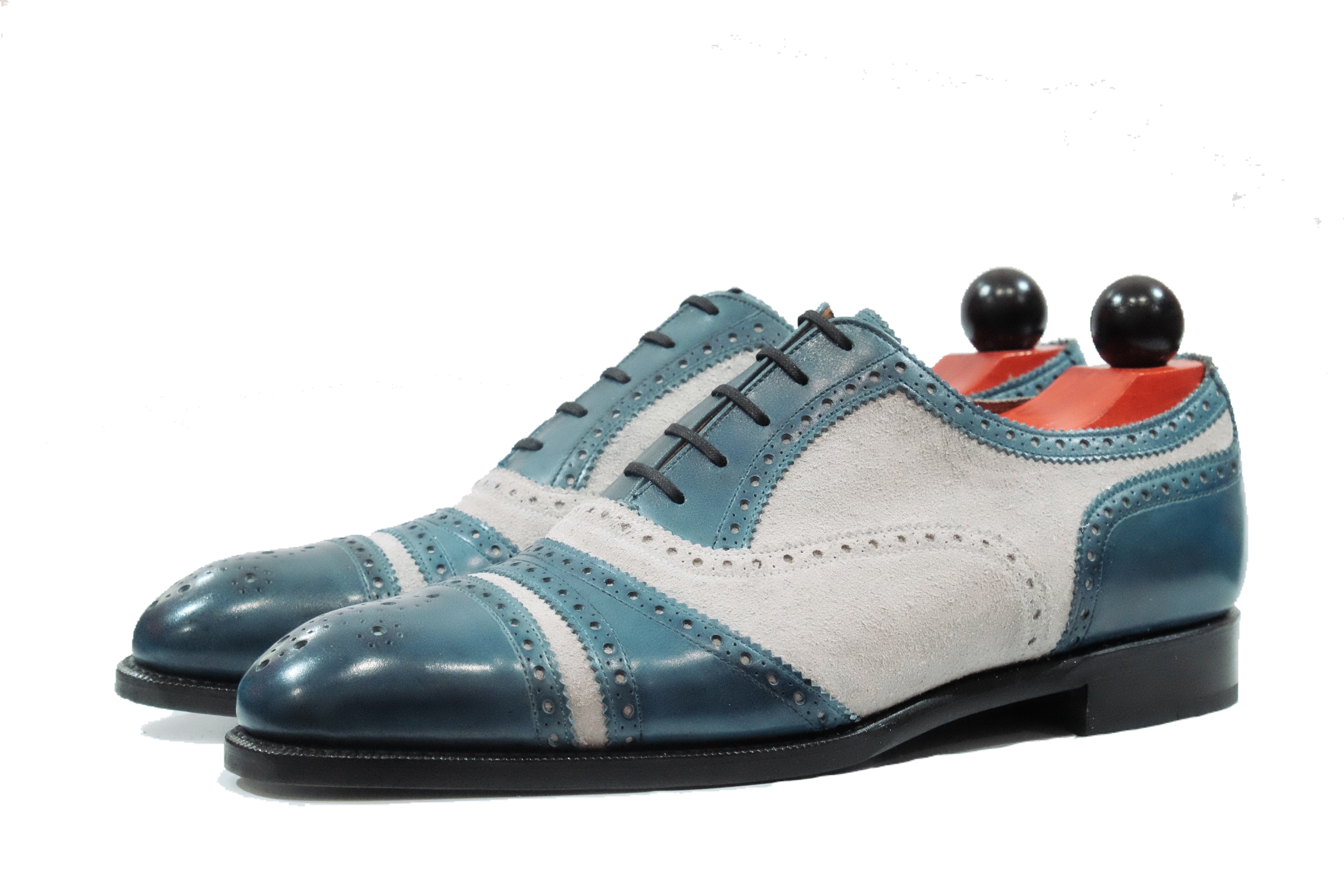 Phillips MTO - Shaded Teal Calf / Pearl Suede - NGT Last - Single Leather Sole-Made To Order Captoe Cap Toe Tarsal Brogue Spectator Oxfords-J.FitzPatrick Footwear