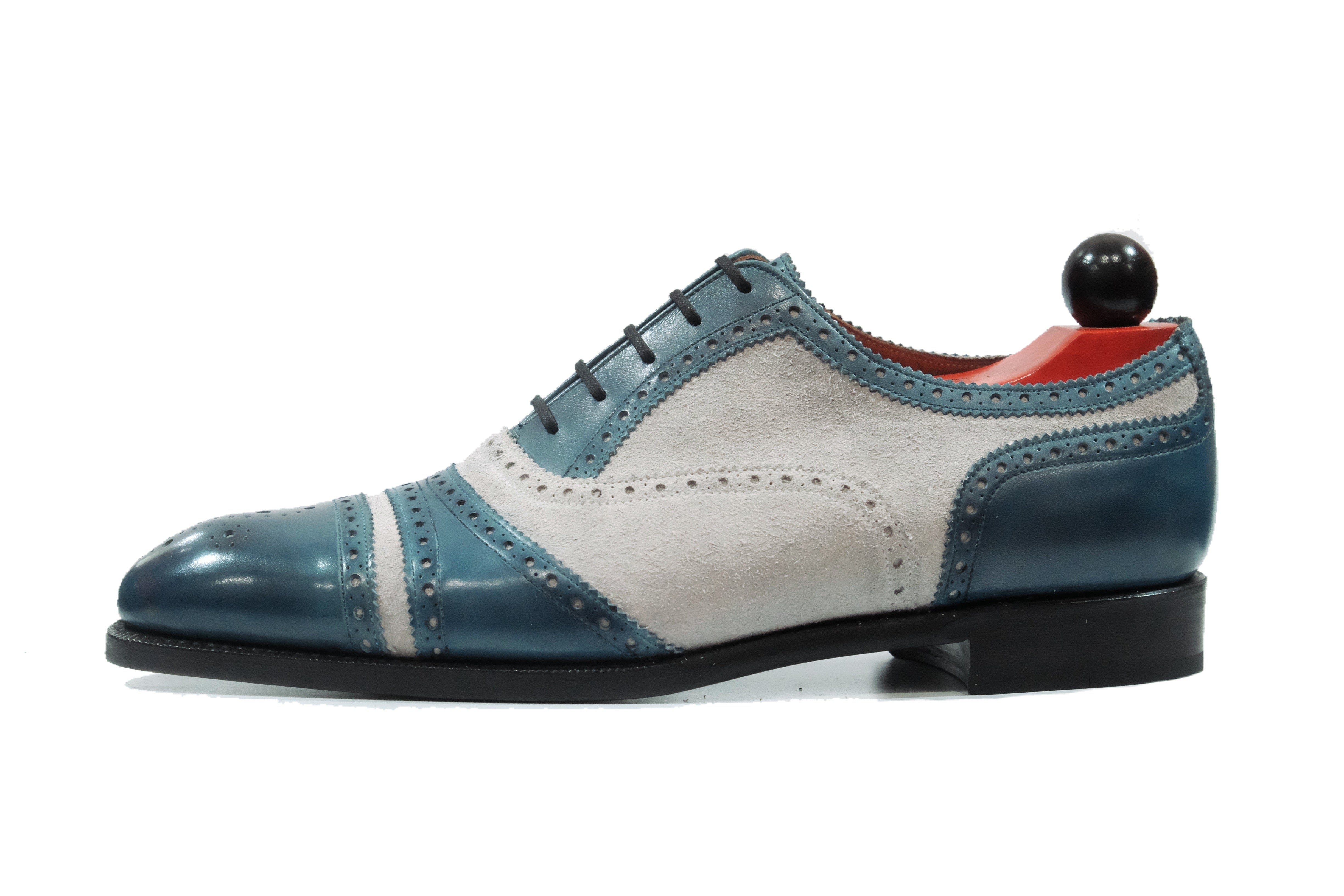 Phillips MTO - Shaded Teal Calf / Pearl Suede - NGT Last - Single Leather Sole-Made To Order Captoe Cap Toe Tarsal Brogue Spectator Oxfords-J.FitzPatrick Footwear
