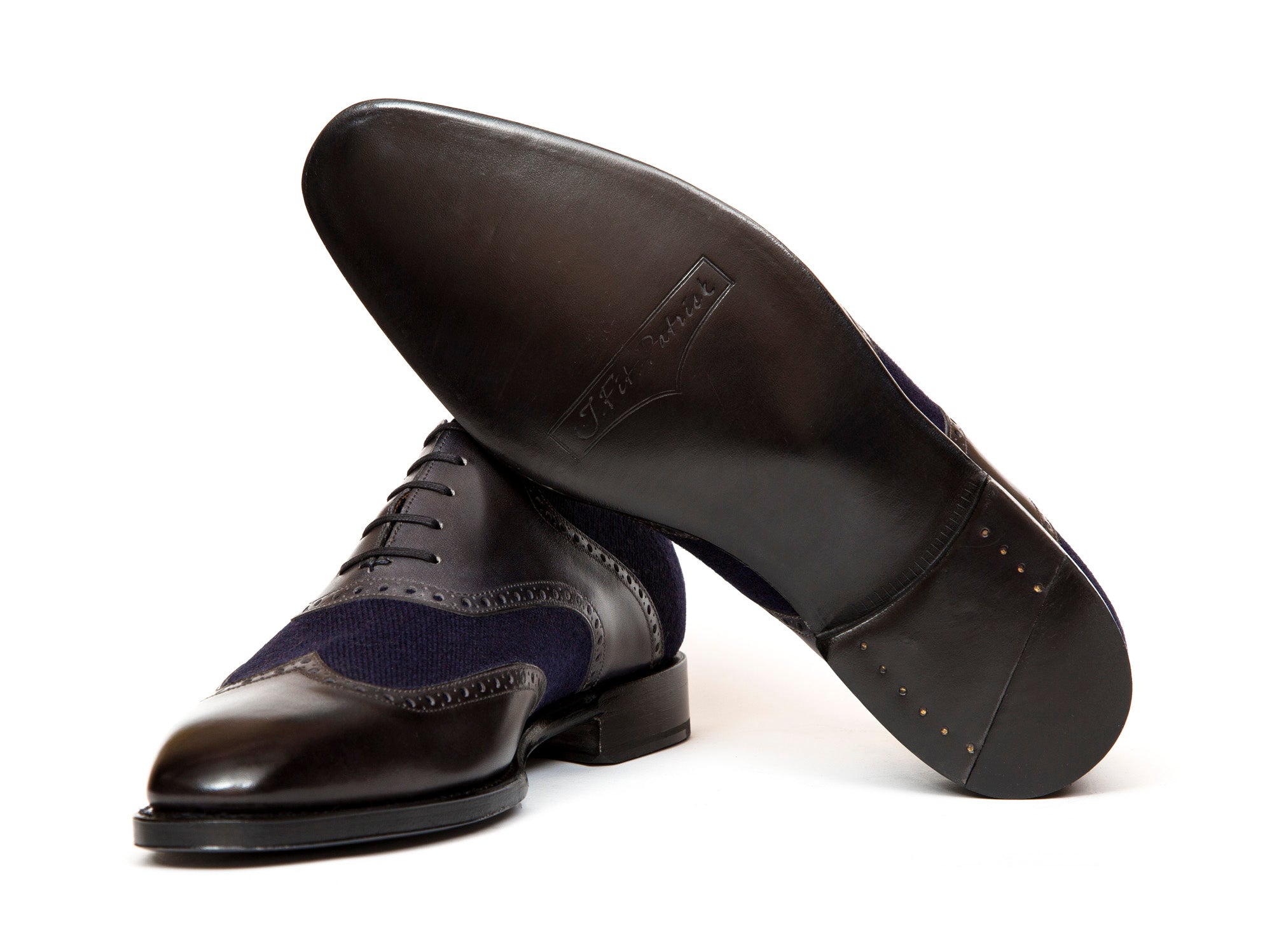 Phinney II - MTO - Shaded Grey Calf / Navy Tukwila - LPB Last - Single Leather Sole-Made To Order Wingtip Saddle Shoe Brogue Oxfords-J.FitzPatrick Footwear