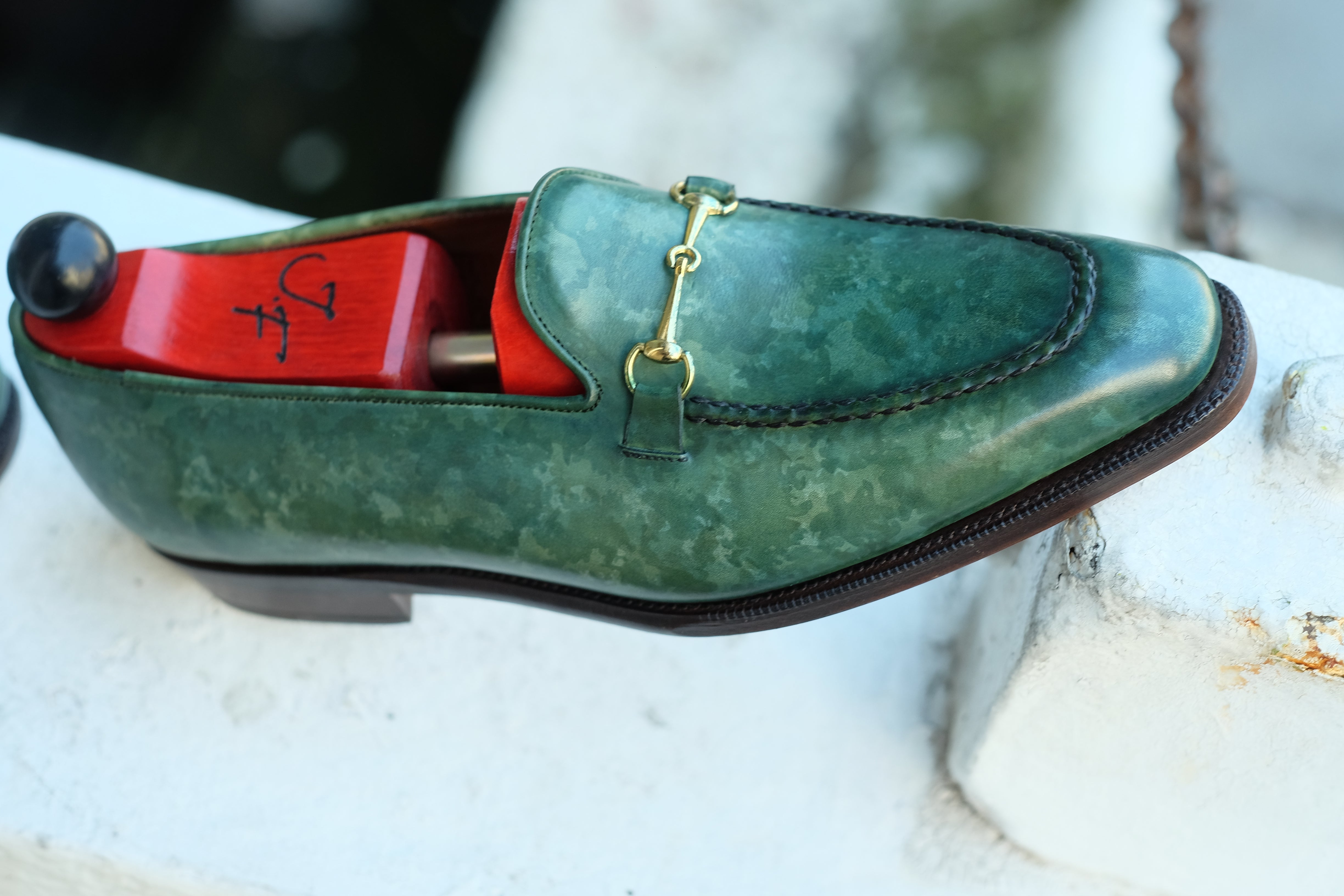 Pike - MTO - Forest Green Marble Patina - LPB Last - Single Leather Sole-Made To Order Horsebit Horse Bit Loafer-J.FitzPatrick Footwear