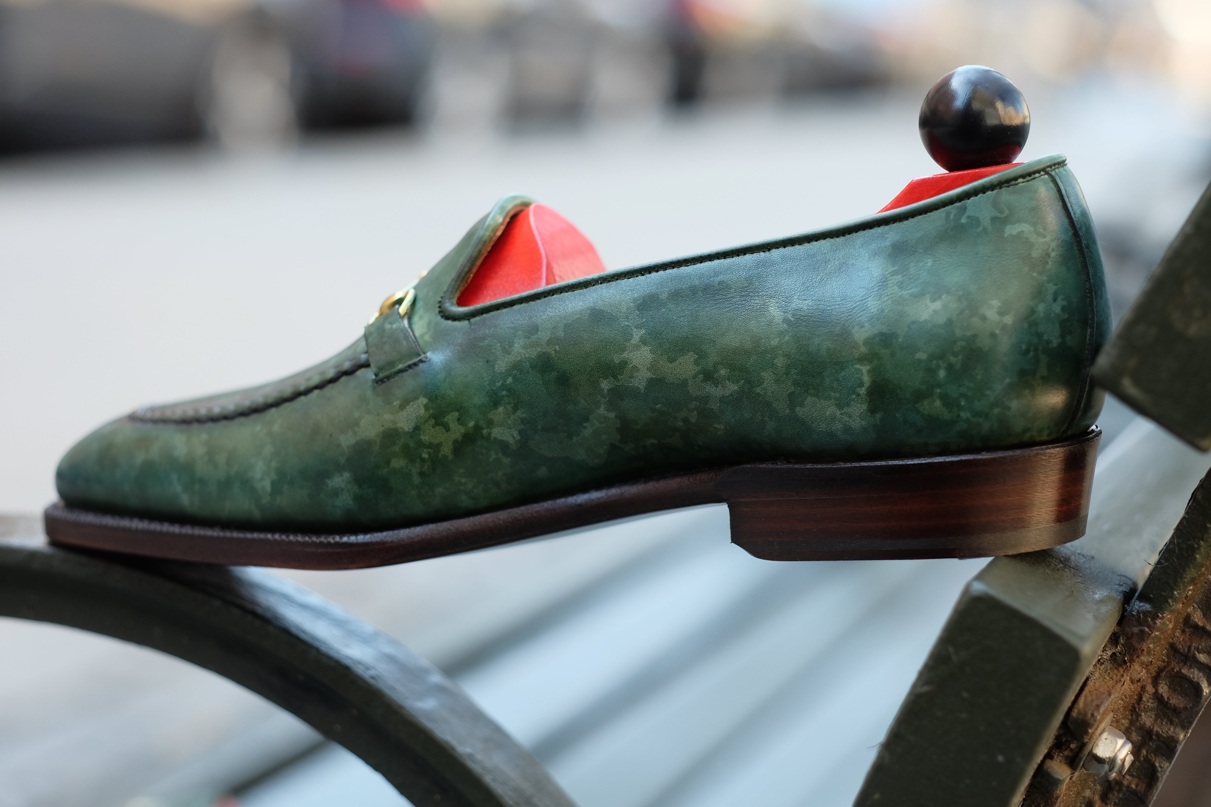 Pike - MTO - Forest Green Marble Patina - LPB Last - Single Leather Sole-Made To Order Horsebit Horse Bit Loafer-J.FitzPatrick Footwear