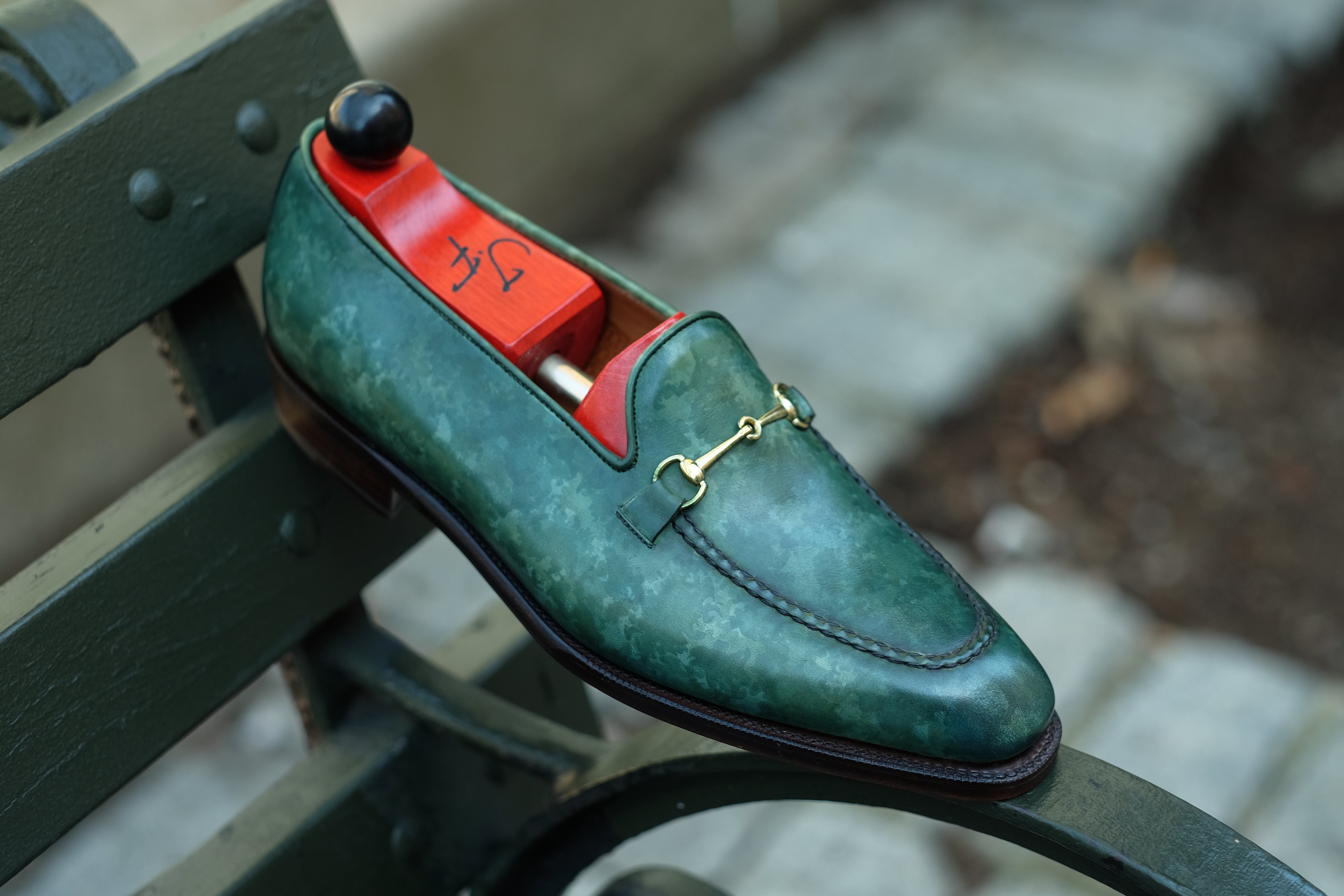 Pike - MTO - Forest Green Marble Patina - LPB Last - Single Leather Sole-Made To Order Horsebit Horse Bit Loafer-J.FitzPatrick Footwear