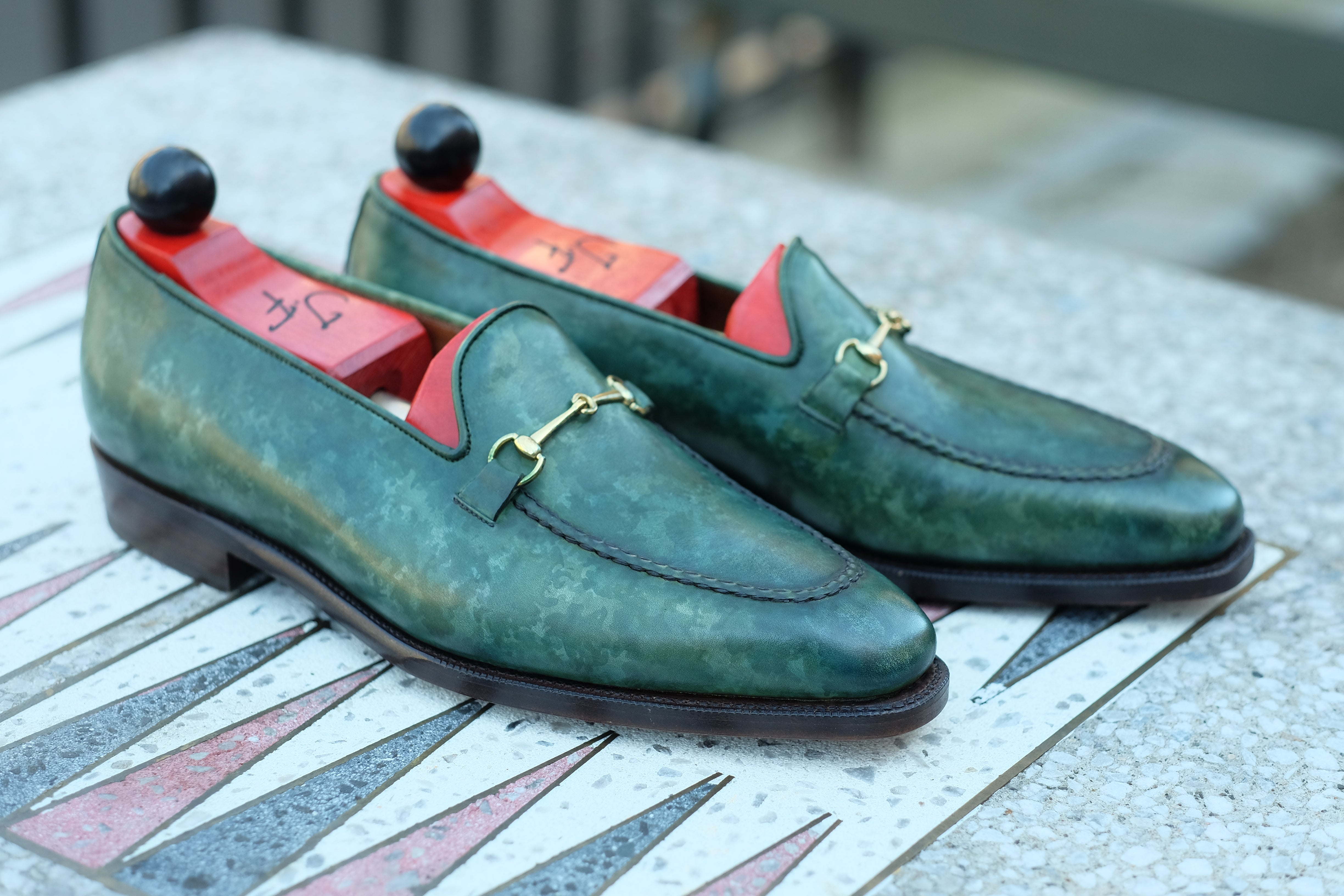 Pike - MTO - Forest Green Marble Patina - LPB Last - Single Leather Sole-Made To Order Horsebit Horse Bit Loafer-J.FitzPatrick Footwear