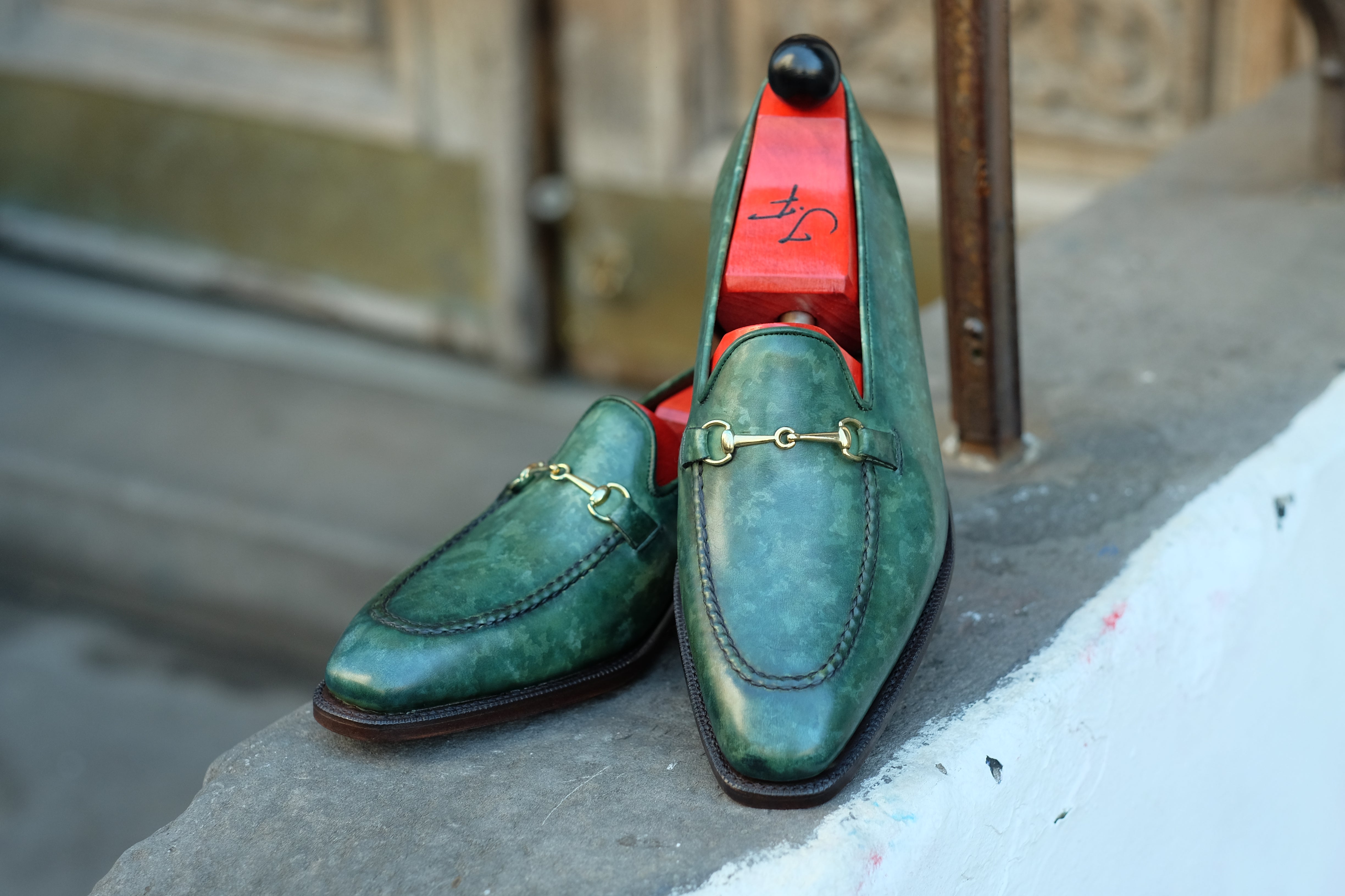 Pike - MTO - Forest Green Marble Patina - LPB Last - Single Leather Sole-Made To Order Horsebit Horse Bit Loafer-J.FitzPatrick Footwear