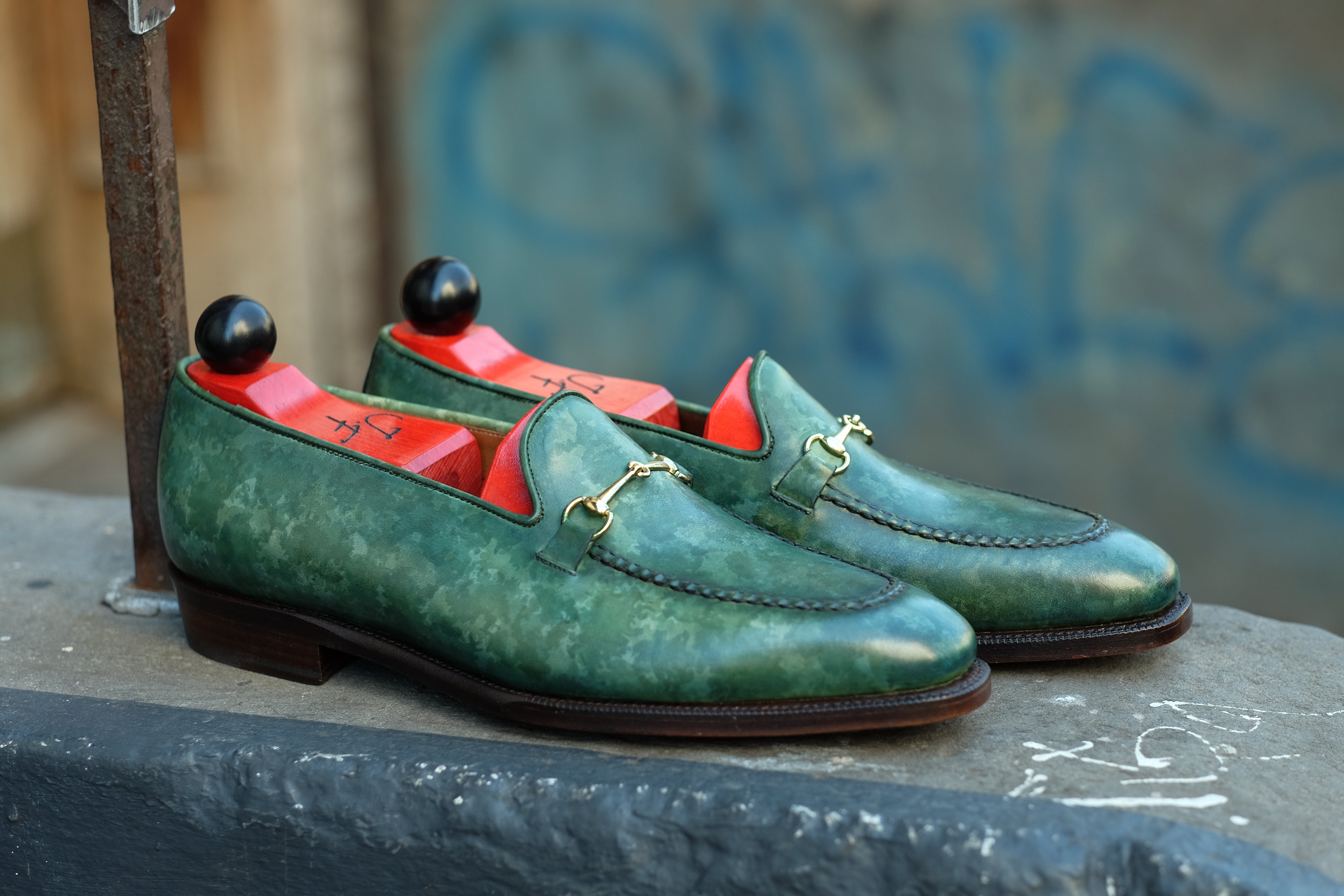 Pike - MTO - Forest Green Marble Patina - LPB Last - Single Leather Sole-Made To Order Horsebit Horse Bit Loafer-J.FitzPatrick Footwear
