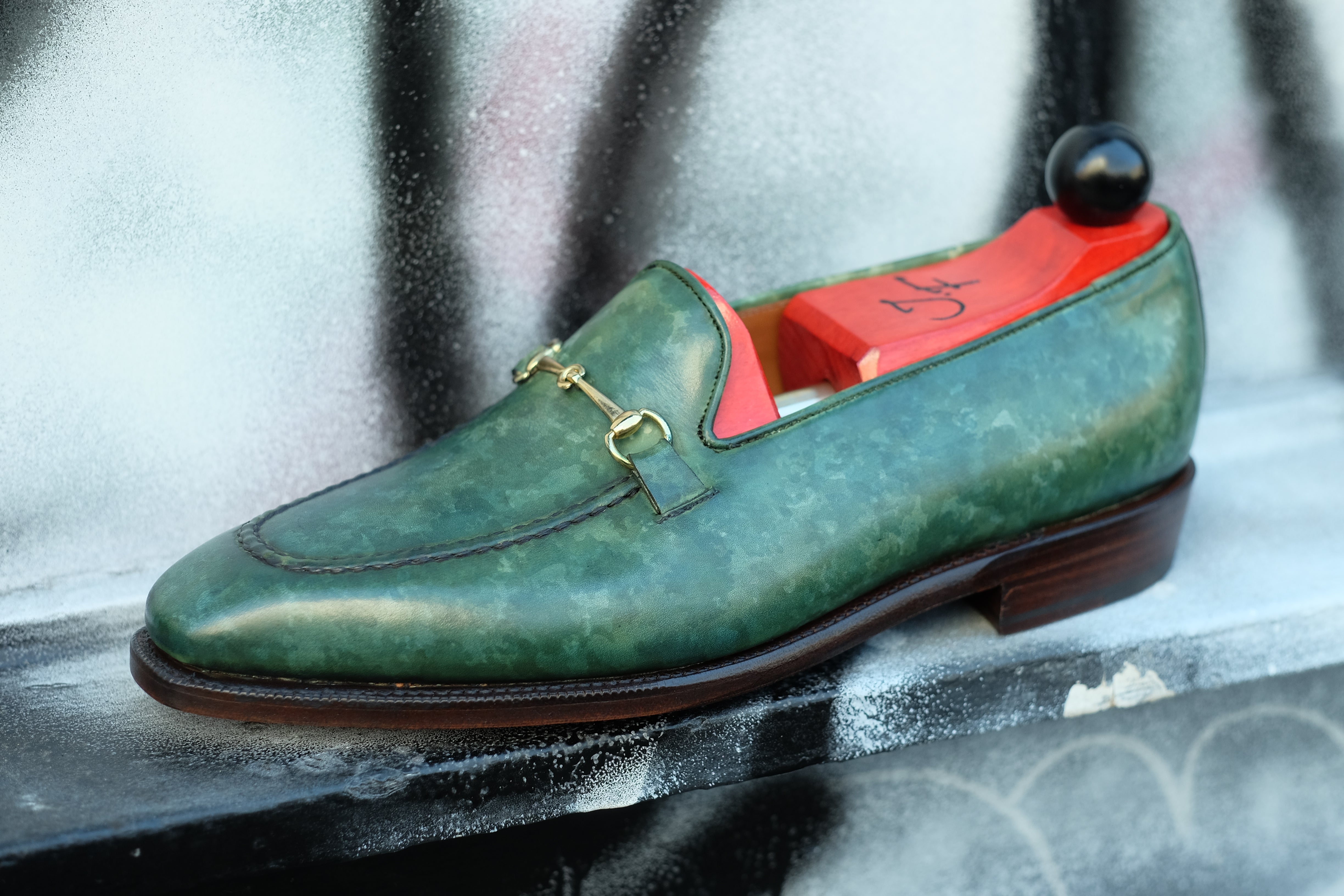 Pike - MTO - Forest Green Marble Patina - LPB Last - Single Leather Sole-Made To Order Horsebit Horse Bit Loafer-J.FitzPatrick Footwear
