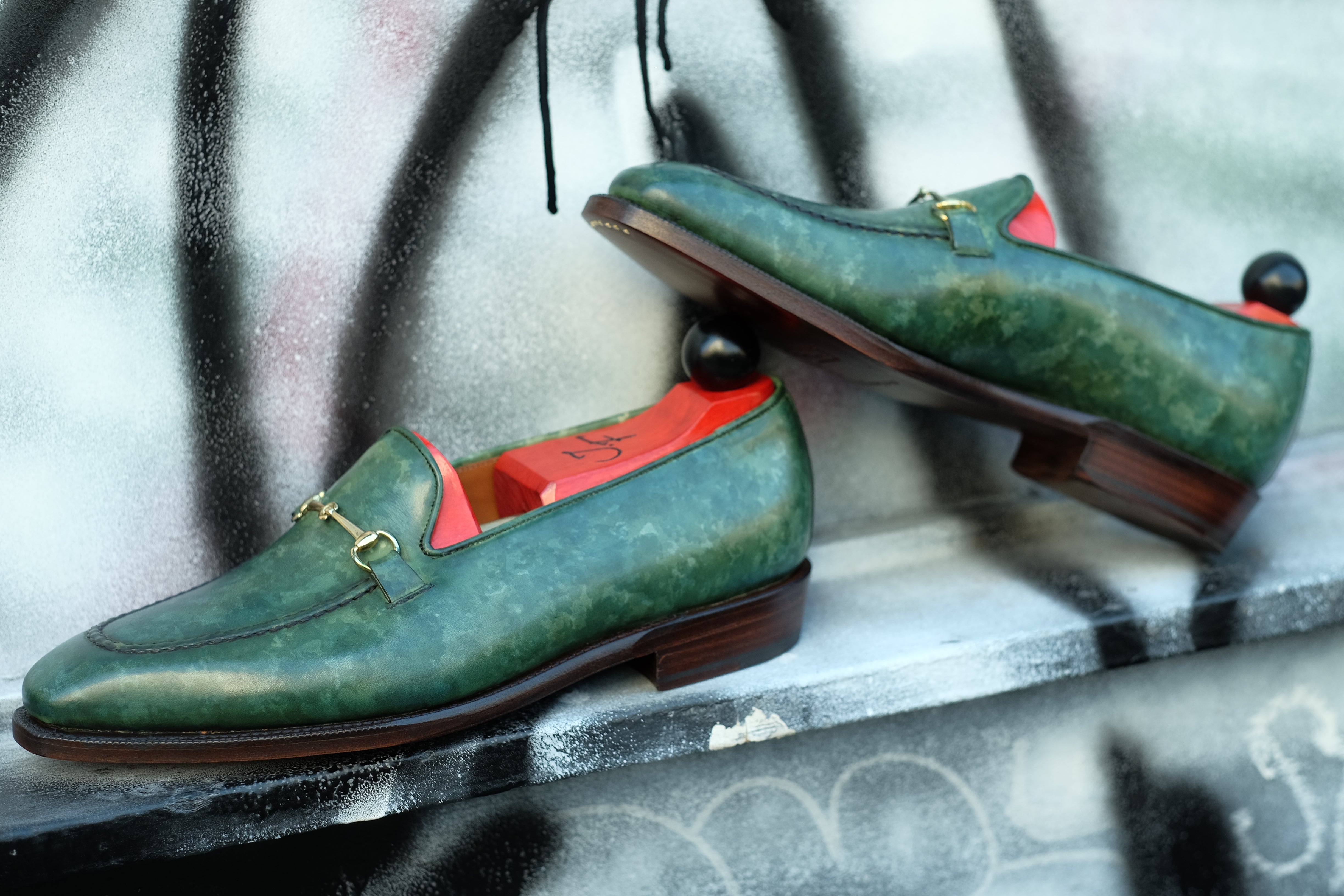 Pike - MTO - Forest Green Marble Patina - LPB Last - Single Leather Sole-Made To Order Horsebit Horse Bit Loafer-J.FitzPatrick Footwear