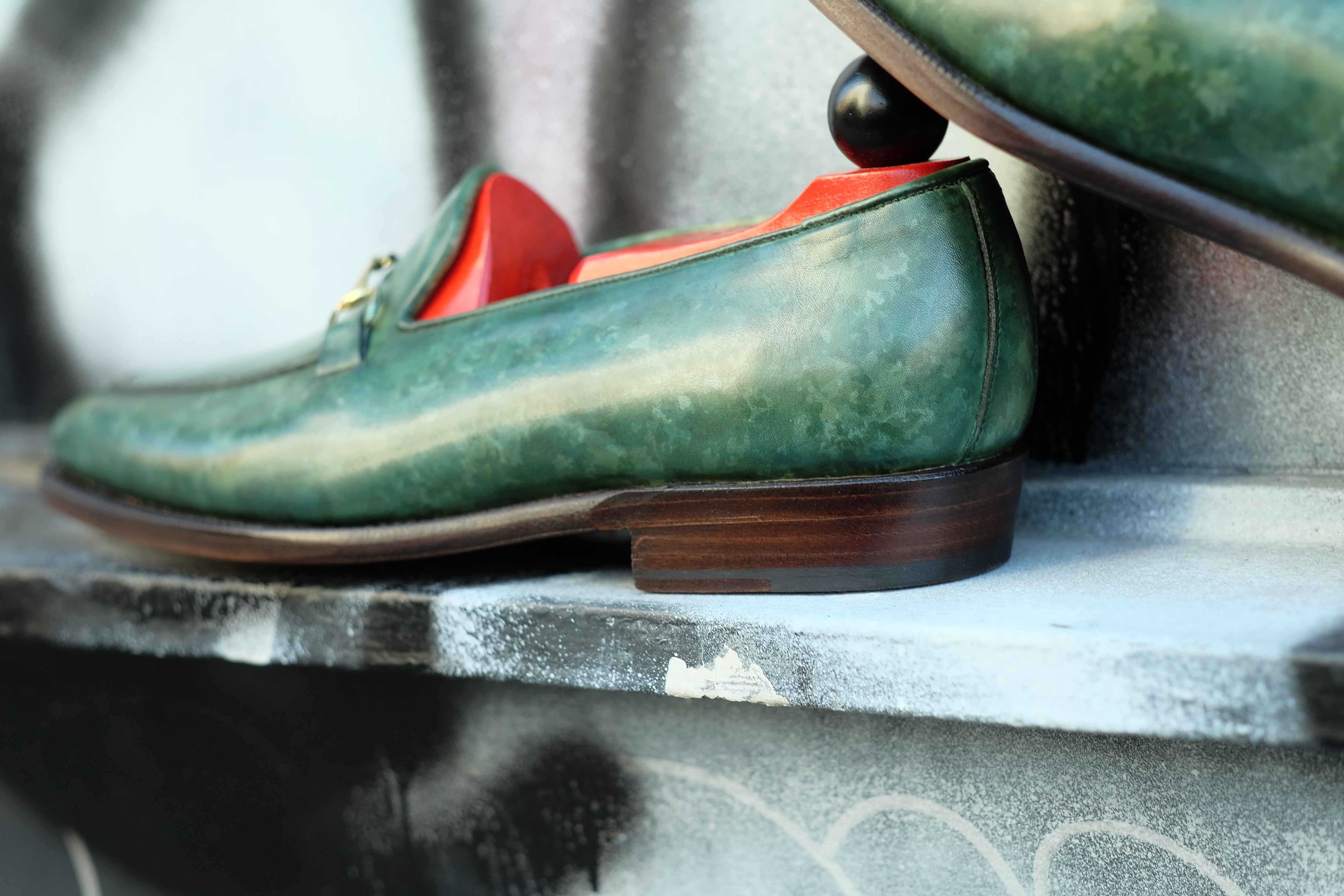 Pike - MTO - Forest Green Marble Patina - LPB Last - Single Leather Sole-Made To Order Horsebit Horse Bit Loafer-J.FitzPatrick Footwear