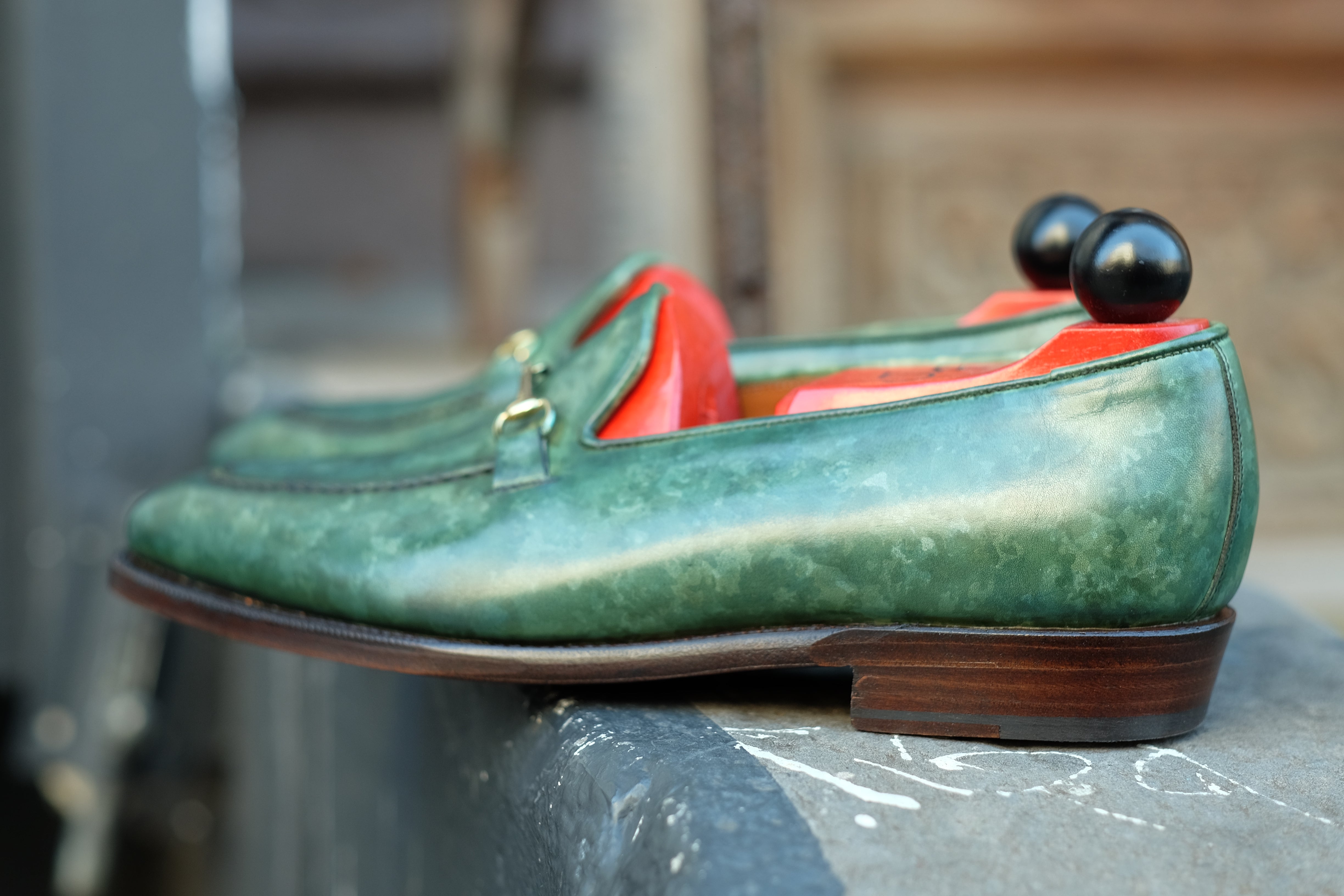 Pike - MTO - Forest Green Marble Patina - LPB Last - Single Leather Sole-Made To Order Horsebit Horse Bit Loafer-J.FitzPatrick Footwear