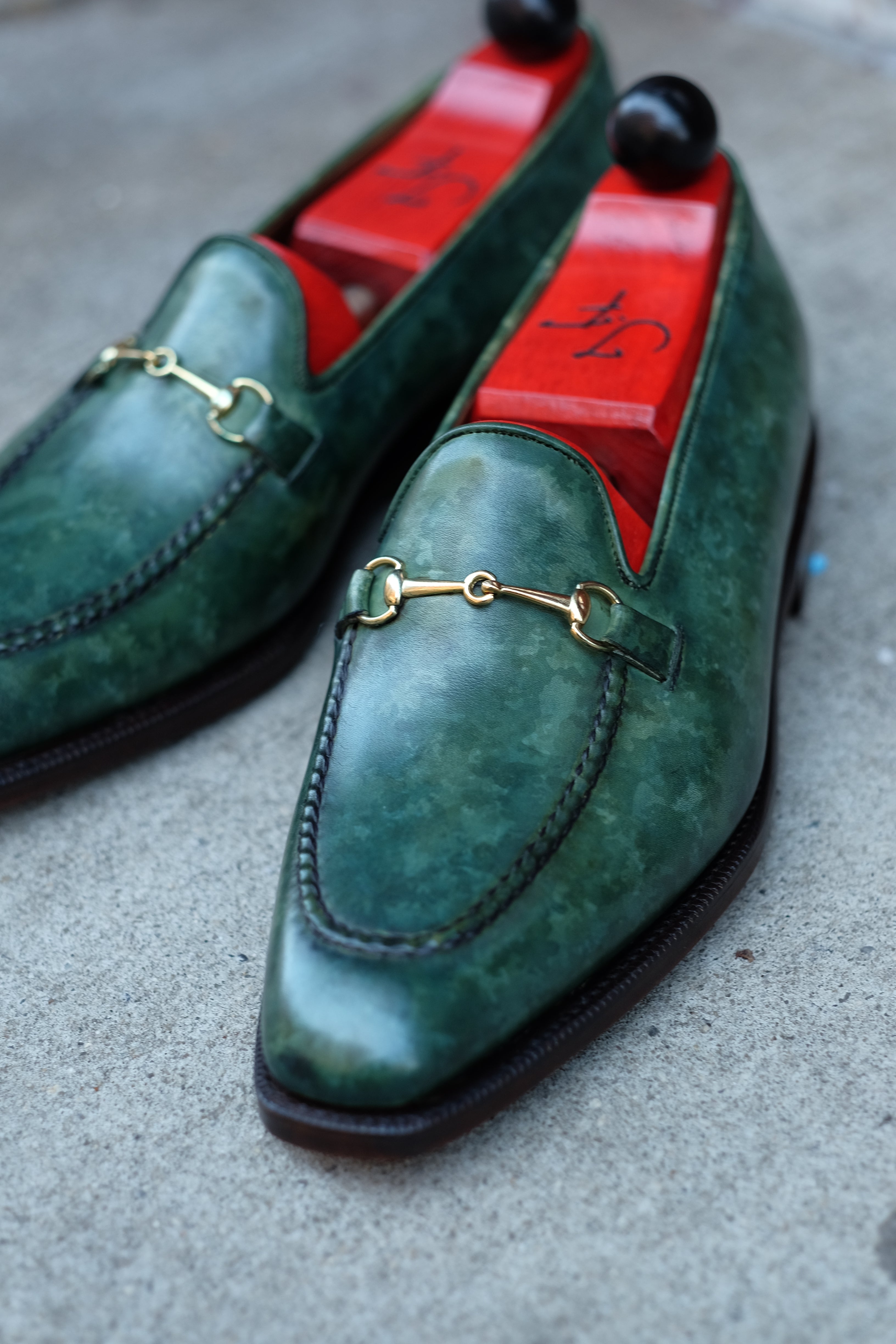 Pike - MTO - Forest Green Marble Patina - LPB Last - Single Leather Sole-Made To Order Horsebit Horse Bit Loafer-J.FitzPatrick Footwear