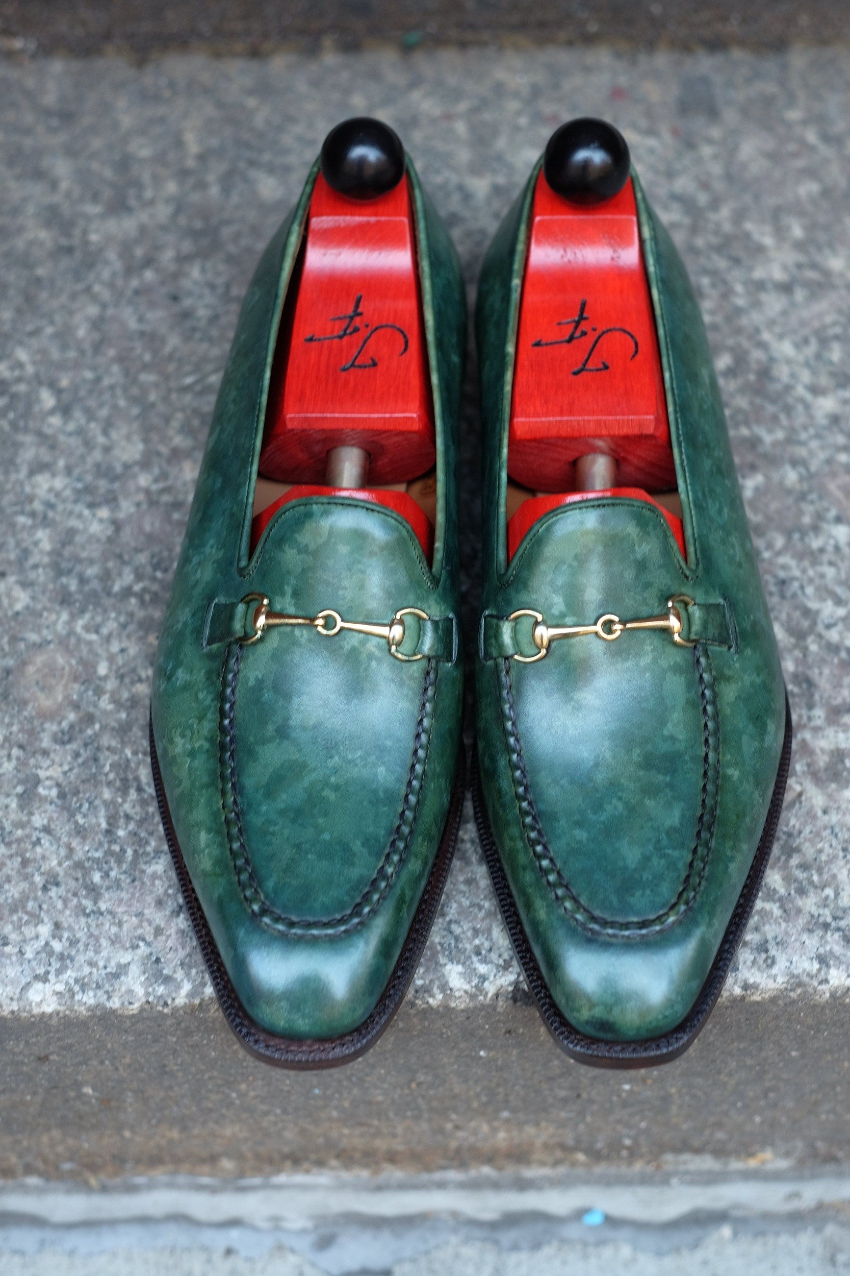 Pike - MTO - Forest Green Marble Patina - LPB Last - Single Leather Sole-Made To Order Horsebit Horse Bit Loafer-J.FitzPatrick Footwear