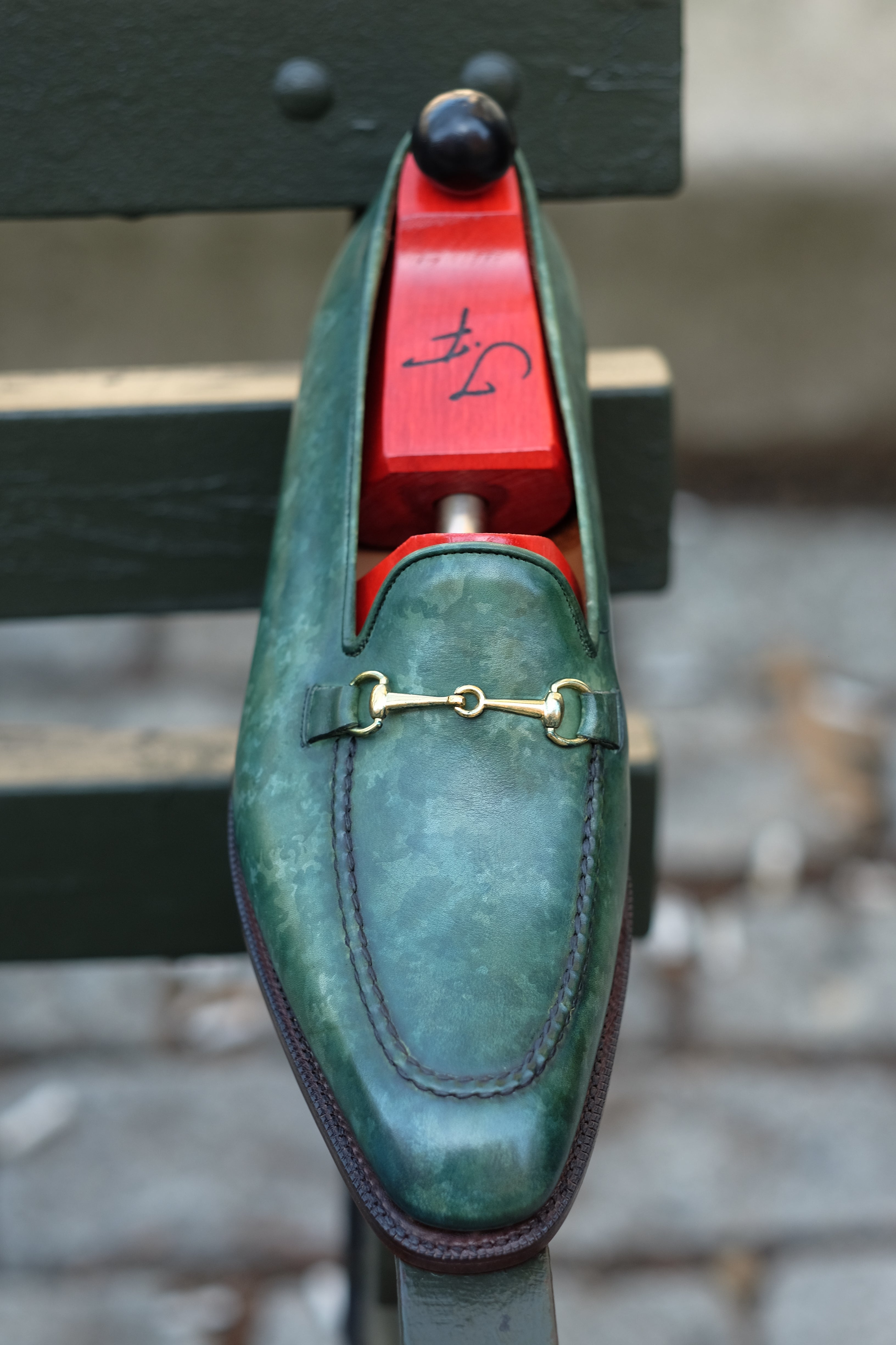 Pike - MTO - Forest Green Marble Patina - LPB Last - Single Leather Sole-Made To Order Horsebit Horse Bit Loafer-J.FitzPatrick Footwear
