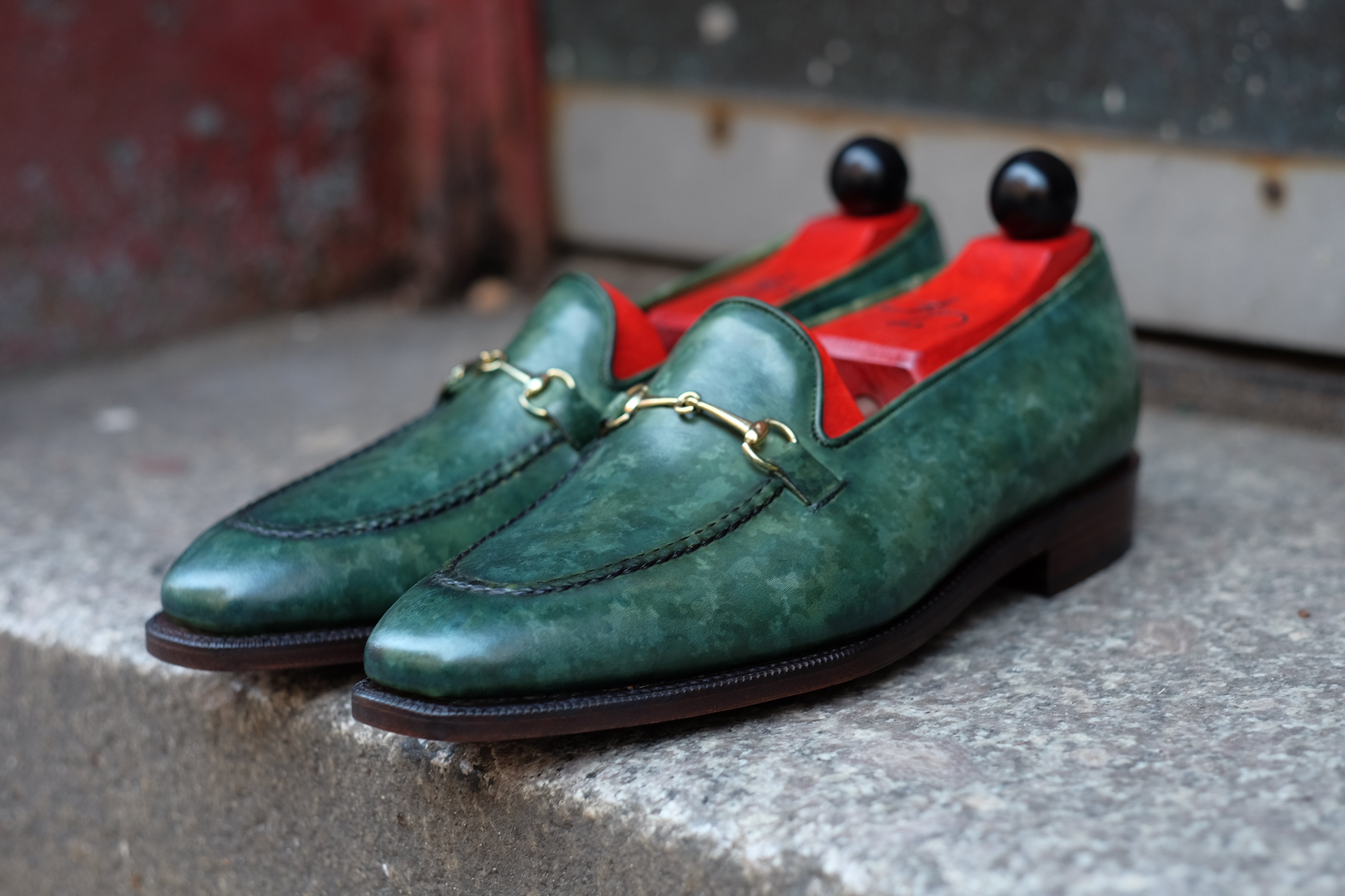 Pike - MTO - Forest Green Marble Patina - LPB Last - Single Leather Sole-Made To Order Horsebit Horse Bit Loafer-J.FitzPatrick Footwear