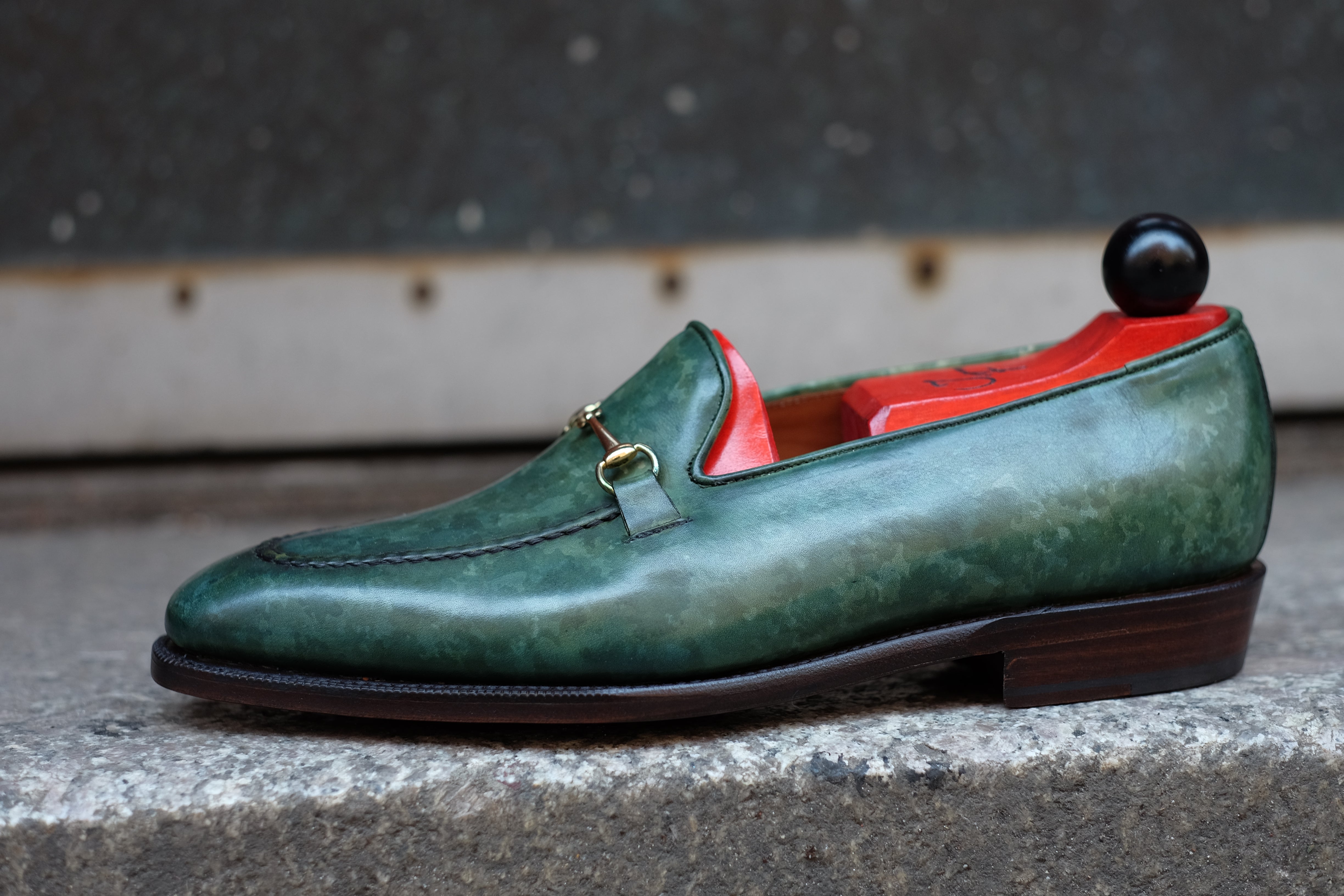 Pike - MTO - Forest Green Marble Patina - LPB Last - Single Leather Sole-Made To Order Horsebit Horse Bit Loafer-J.FitzPatrick Footwear