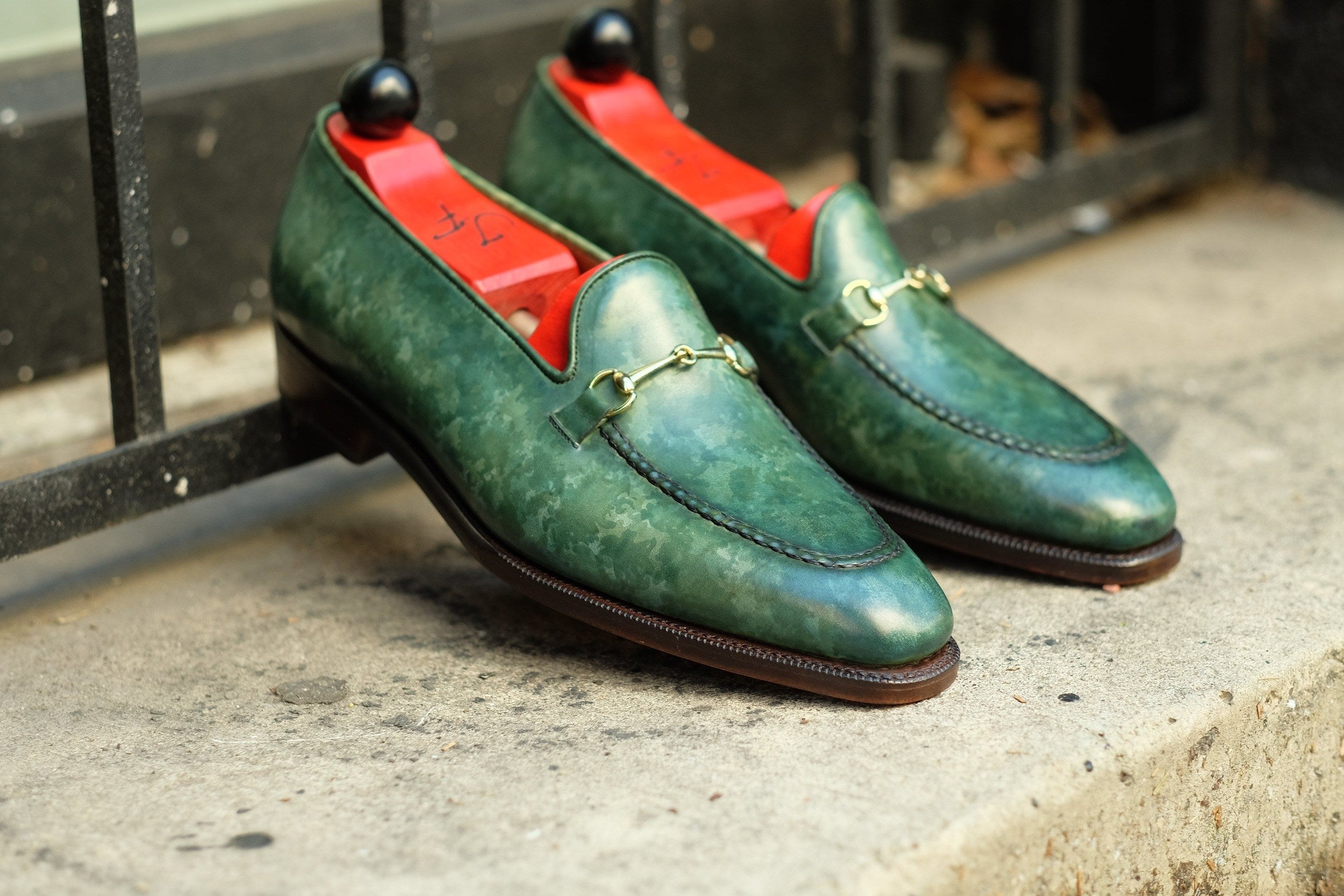 Pike - MTO - Forest Green Marble Patina - LPB Last - Single Leather Sole-Made To Order Horsebit Horse Bit Loafer-J.FitzPatrick Footwear