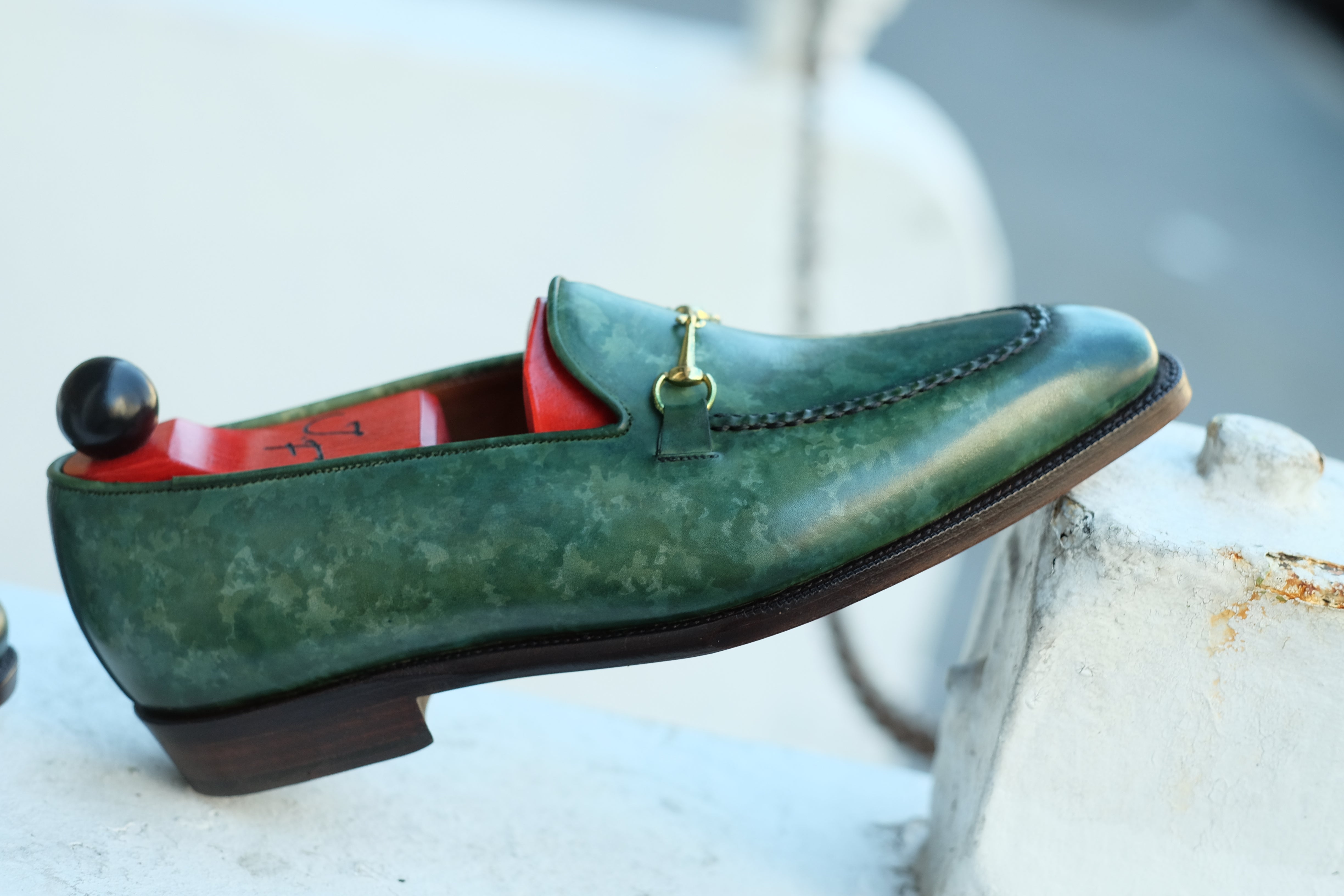 Pike - MTO - Forest Green Marble Patina - LPB Last - Single Leather Sole-Made To Order Horsebit Horse Bit Loafer-J.FitzPatrick Footwear