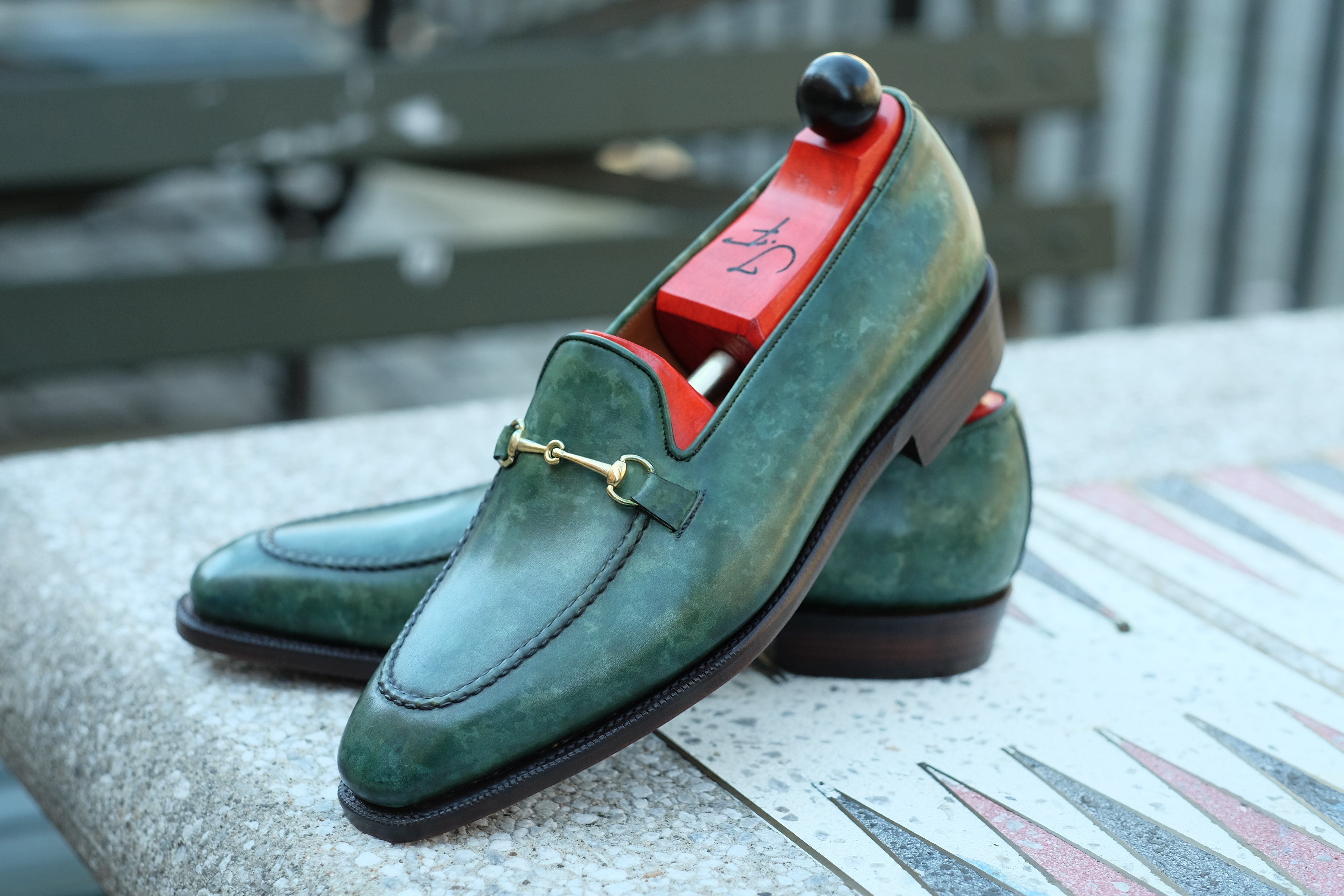 Pike - MTO - Forest Green Marble Patina - LPB Last - Single Leather Sole-Made To Order Horsebit Horse Bit Loafer-J.FitzPatrick Footwear