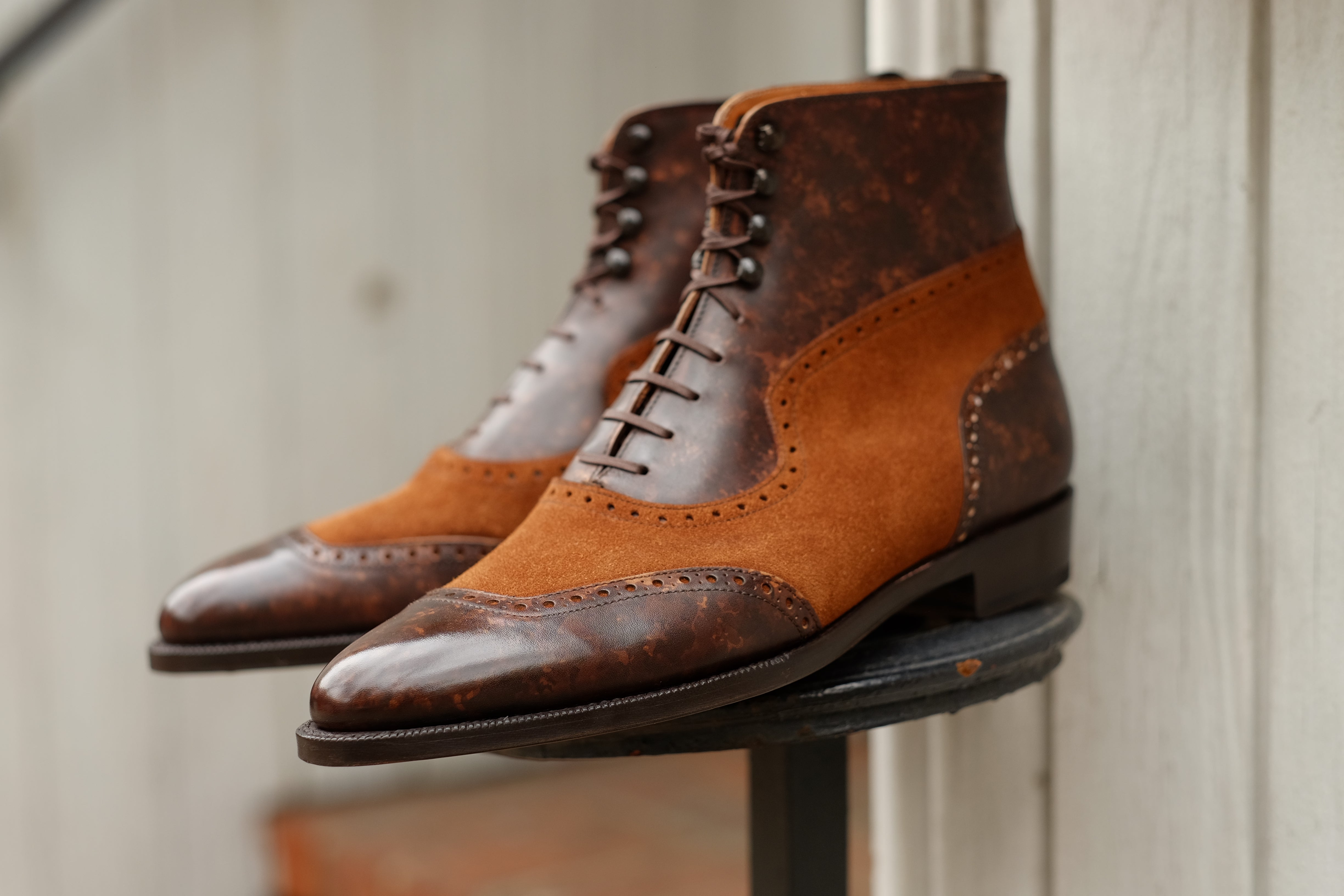 Pinehurst - Dark Brown Marble Patina / Snuff Suede-Balmoral Boots-J.FitzPatrick Footwear