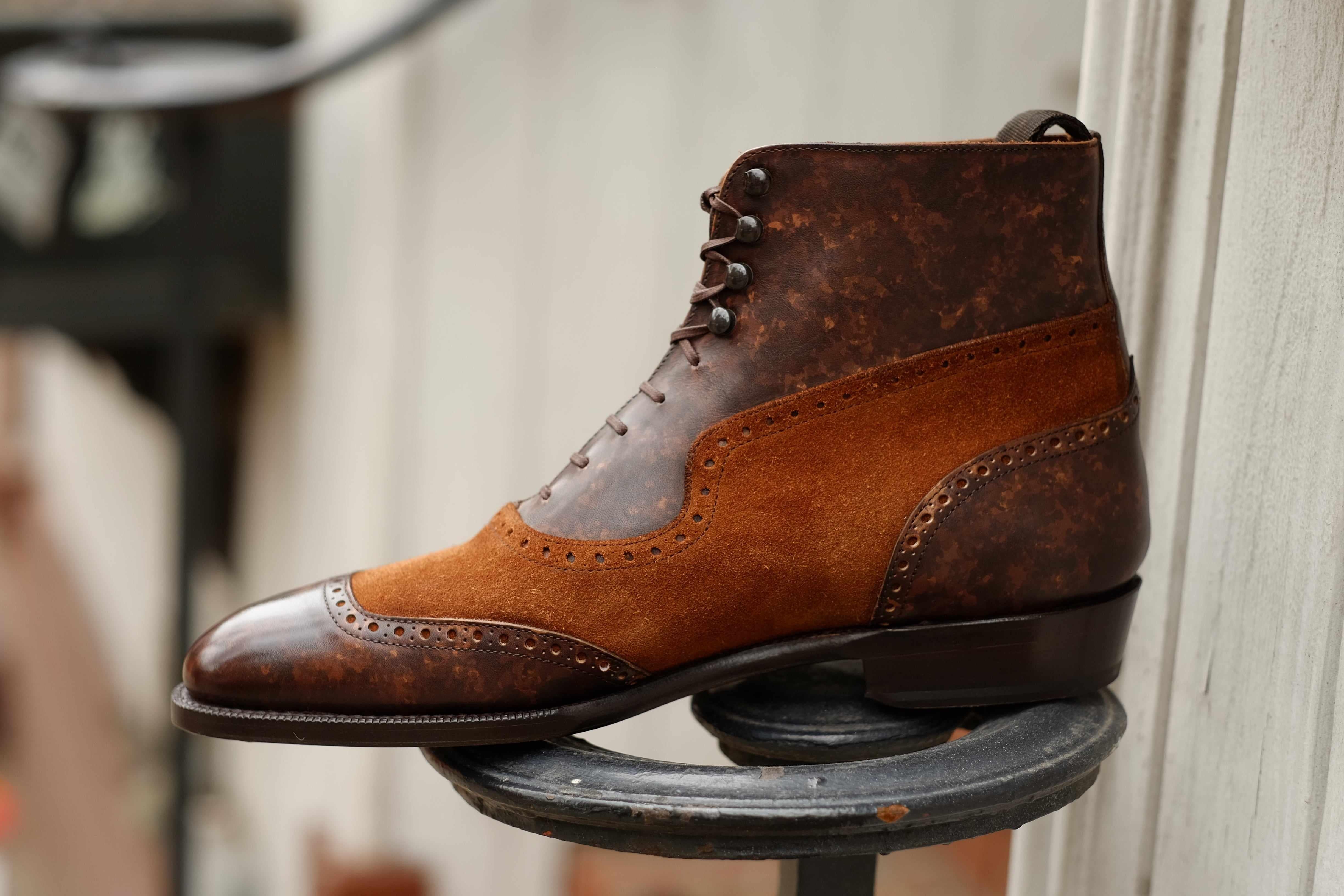 Pinehurst - Dark Brown Marble Patina / Snuff Suede-Balmoral Boots-J.FitzPatrick Footwear