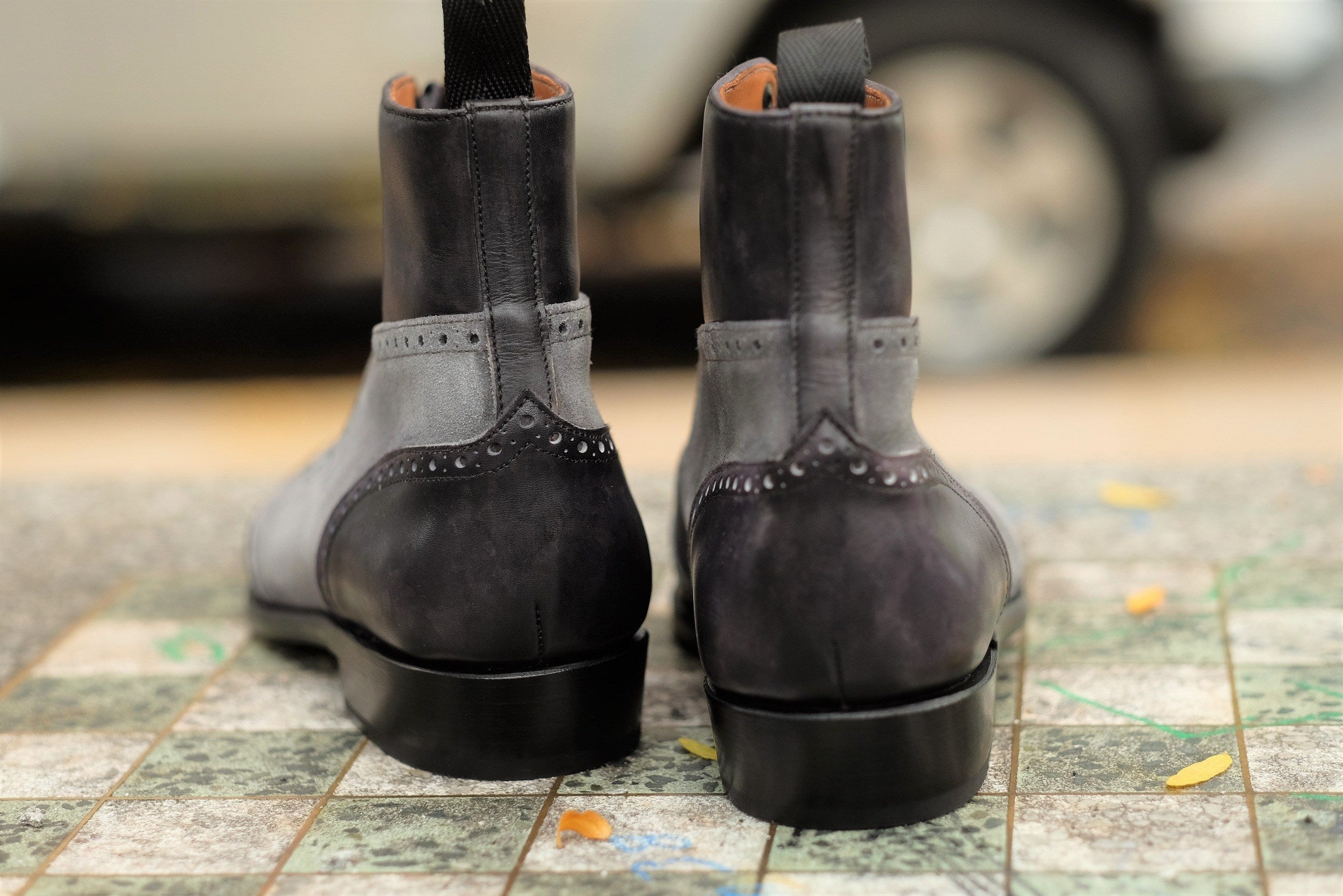 Pinehurst - MTO - Black Marble Patina / Light Grey Suede - TMG Last - Single Leather Sole-Made To Order Lace Laceup Balmoral Boot Brogue-J.FitzPatrick Footwear