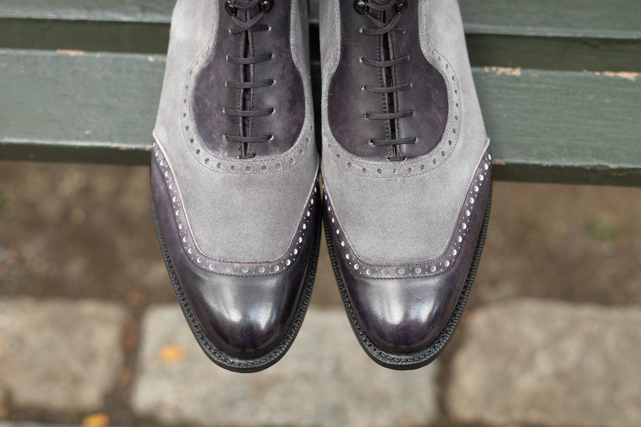 Pinehurst - MTO - Black Marble Patina / Light Grey Suede - TMG Last - Single Leather Sole-Made To Order Lace Laceup Balmoral Boot Brogue-J.FitzPatrick Footwear