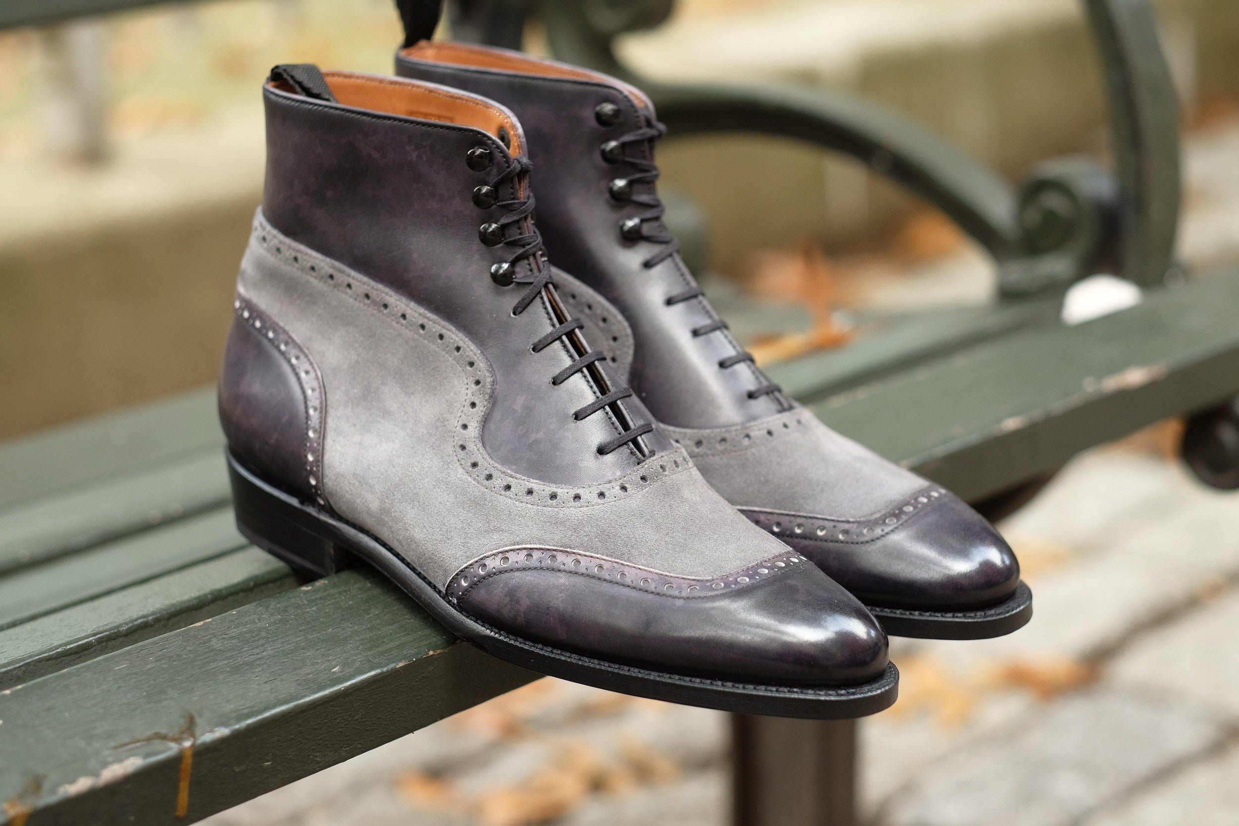 Pinehurst - MTO - Black Marble Patina / Light Grey Suede - TMG Last - Single Leather Sole-Made To Order Lace Laceup Balmoral Boot Brogue-J.FitzPatrick Footwear