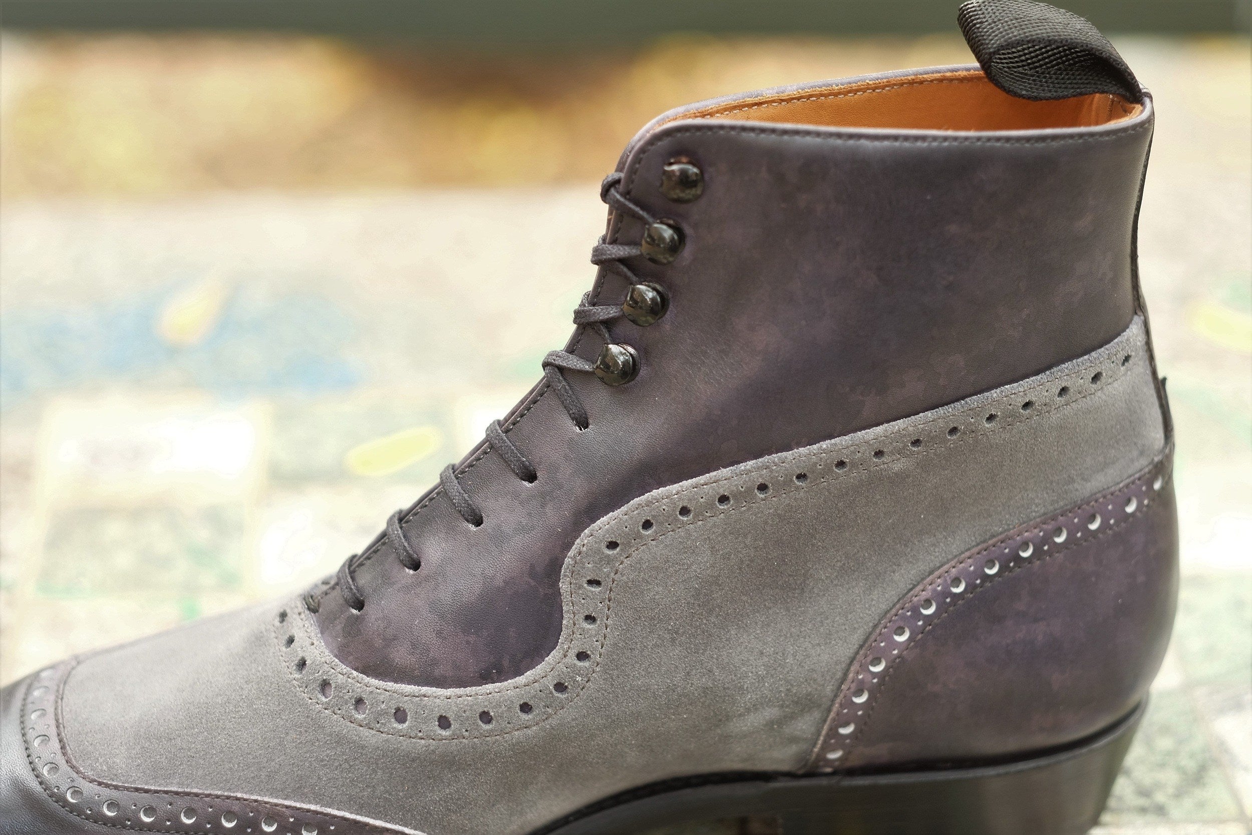 Pinehurst - MTO - Black Marble Patina / Light Grey Suede - TMG Last - Single Leather Sole-Made To Order Lace Laceup Balmoral Boot Brogue-J.FitzPatrick Footwear