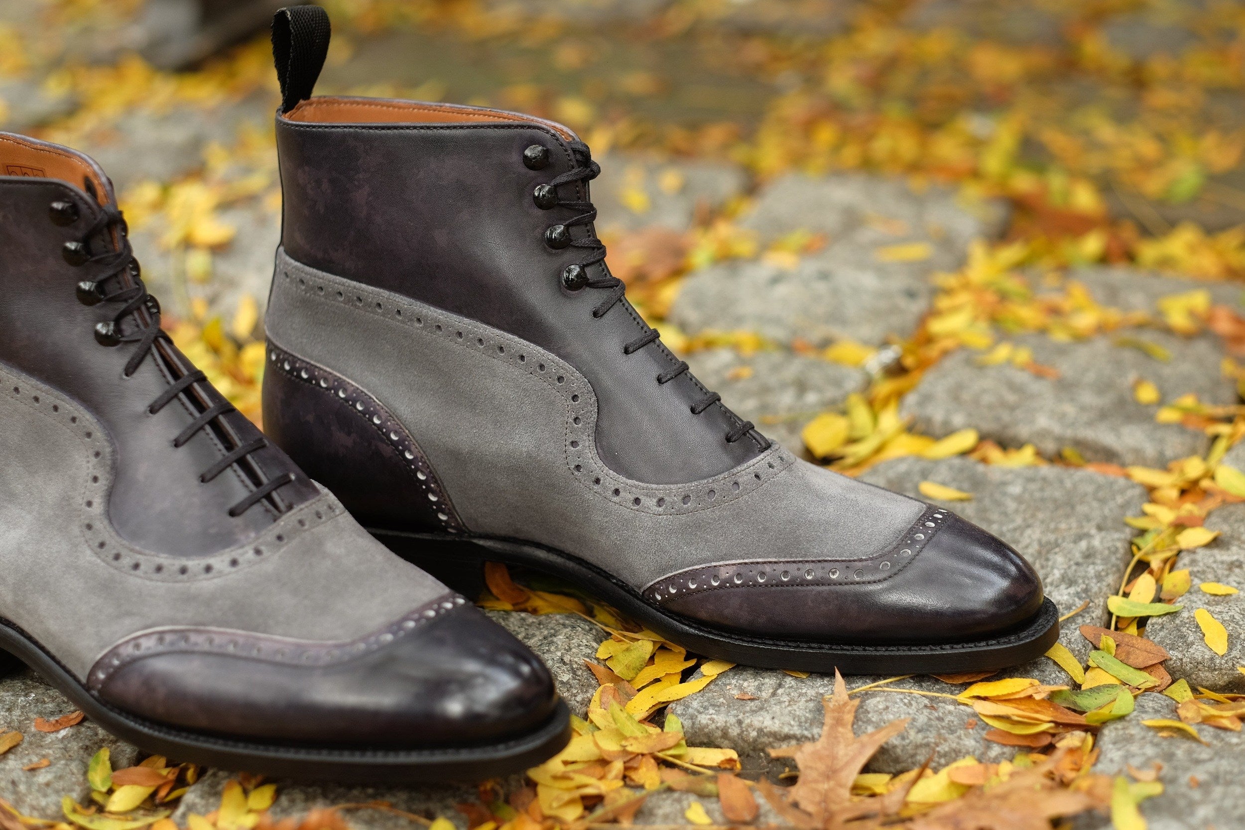 Pinehurst - MTO - Black Marble Patina / Light Grey Suede - TMG Last - Single Leather Sole-Made To Order Lace Laceup Balmoral Boot Brogue-J.FitzPatrick Footwear