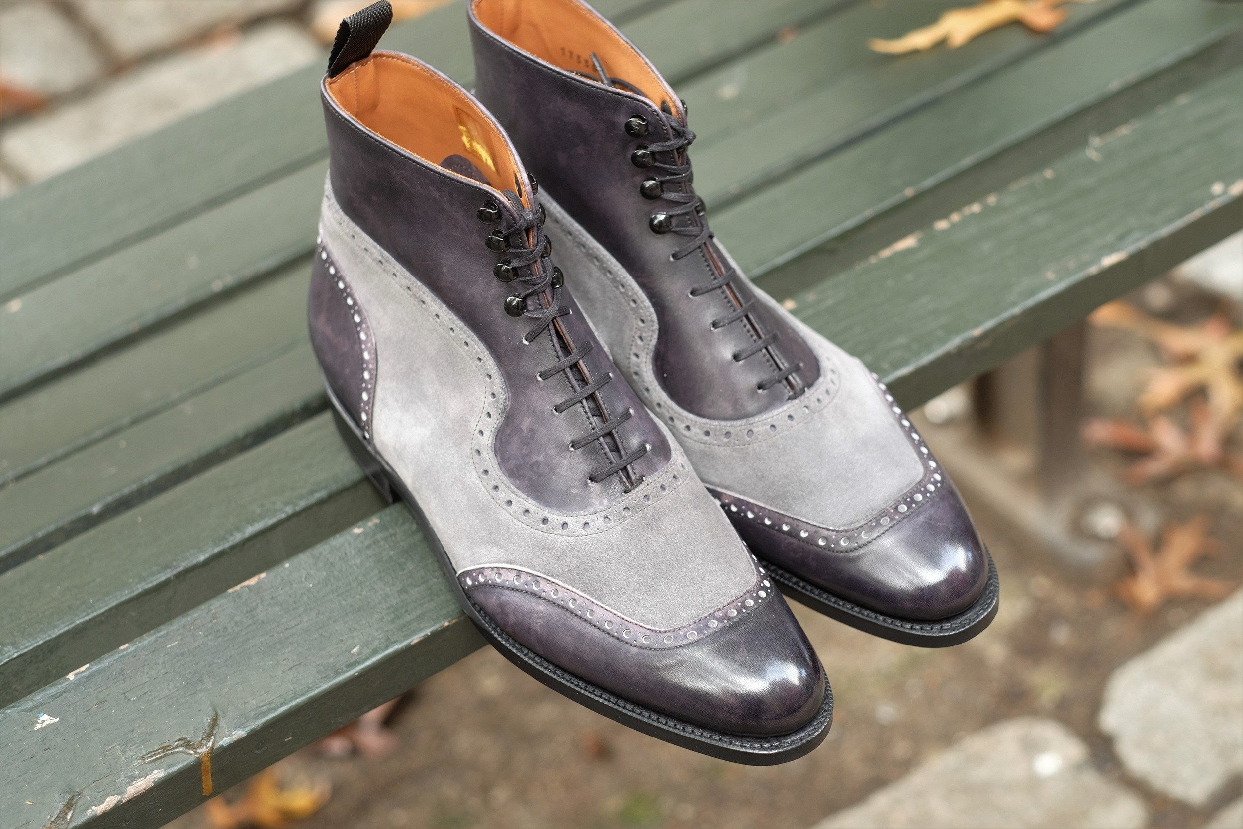 Pinehurst - MTO - Black Marble Patina / Light Grey Suede - TMG Last - Single Leather Sole-Made To Order Lace Laceup Balmoral Boot Brogue-J.FitzPatrick Footwear