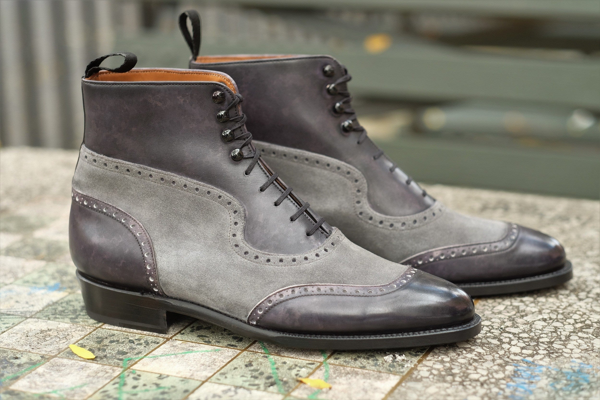 Pinehurst - MTO - Black Marble Patina / Light Grey Suede - TMG Last - Single Leather Sole-Made To Order Lace Laceup Balmoral Boot Brogue-J.FitzPatrick Footwear