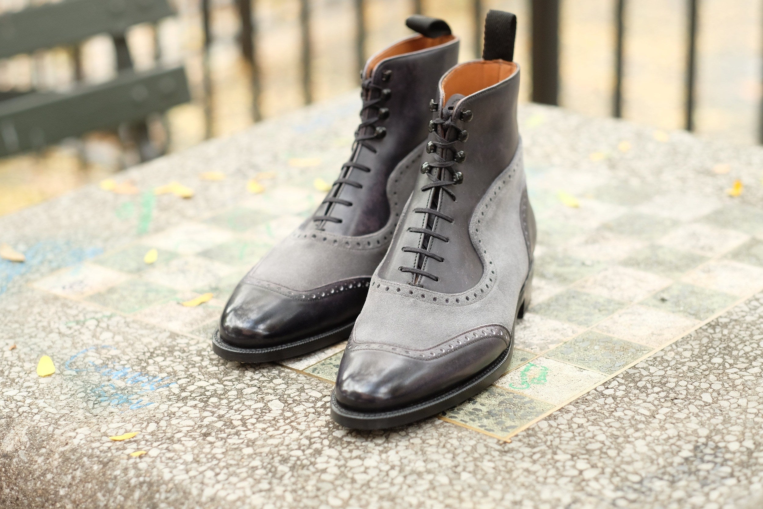 Pinehurst - MTO - Black Marble Patina / Light Grey Suede - TMG Last - Single Leather Sole-Made To Order Lace Laceup Balmoral Boot Brogue-J.FitzPatrick Footwear