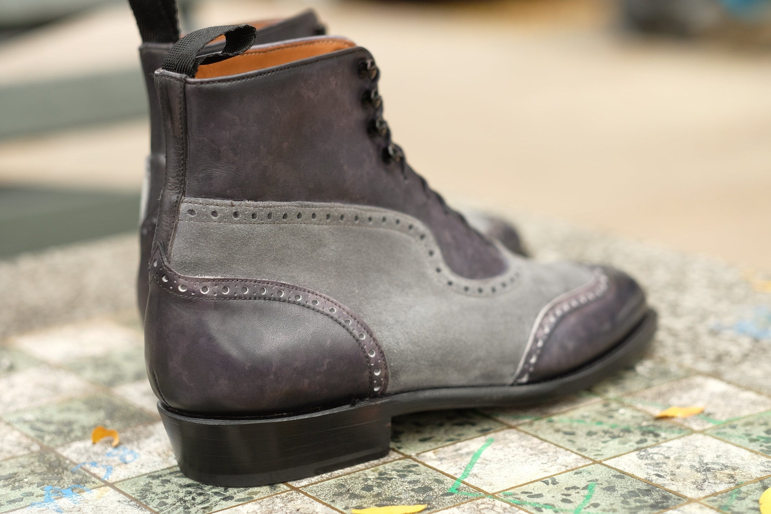 Pinehurst - MTO - Black Marble Patina / Light Grey Suede - TMG Last - Single Leather Sole-Made To Order Lace Laceup Balmoral Boot Brogue-J.FitzPatrick Footwear