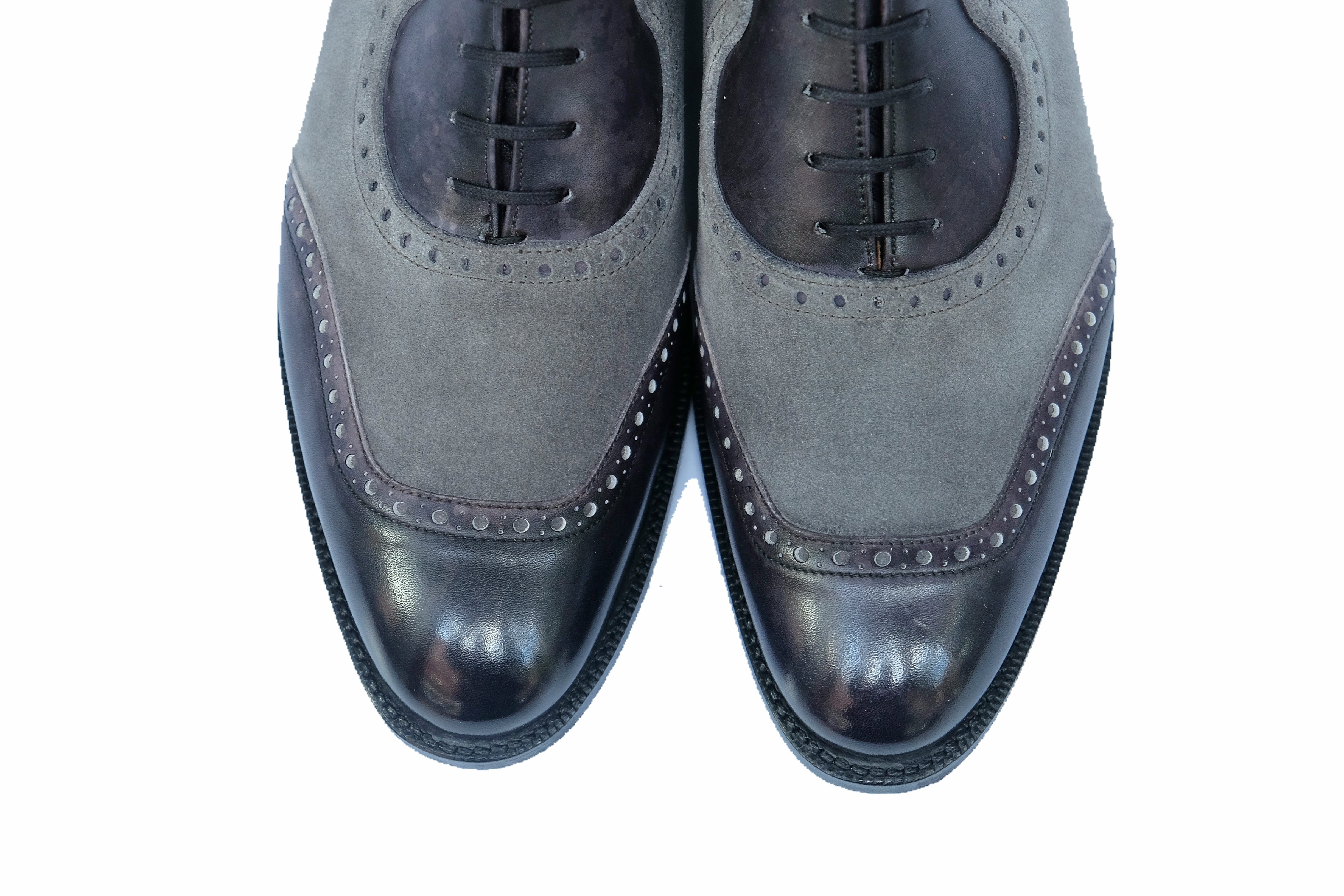 Pinehurst - MTO - Black Marble Patina / Light Grey Suede - TMG Last - Single Leather Sole-Made To Order Lace Laceup Balmoral Boot Brogue-J.FitzPatrick Footwear
