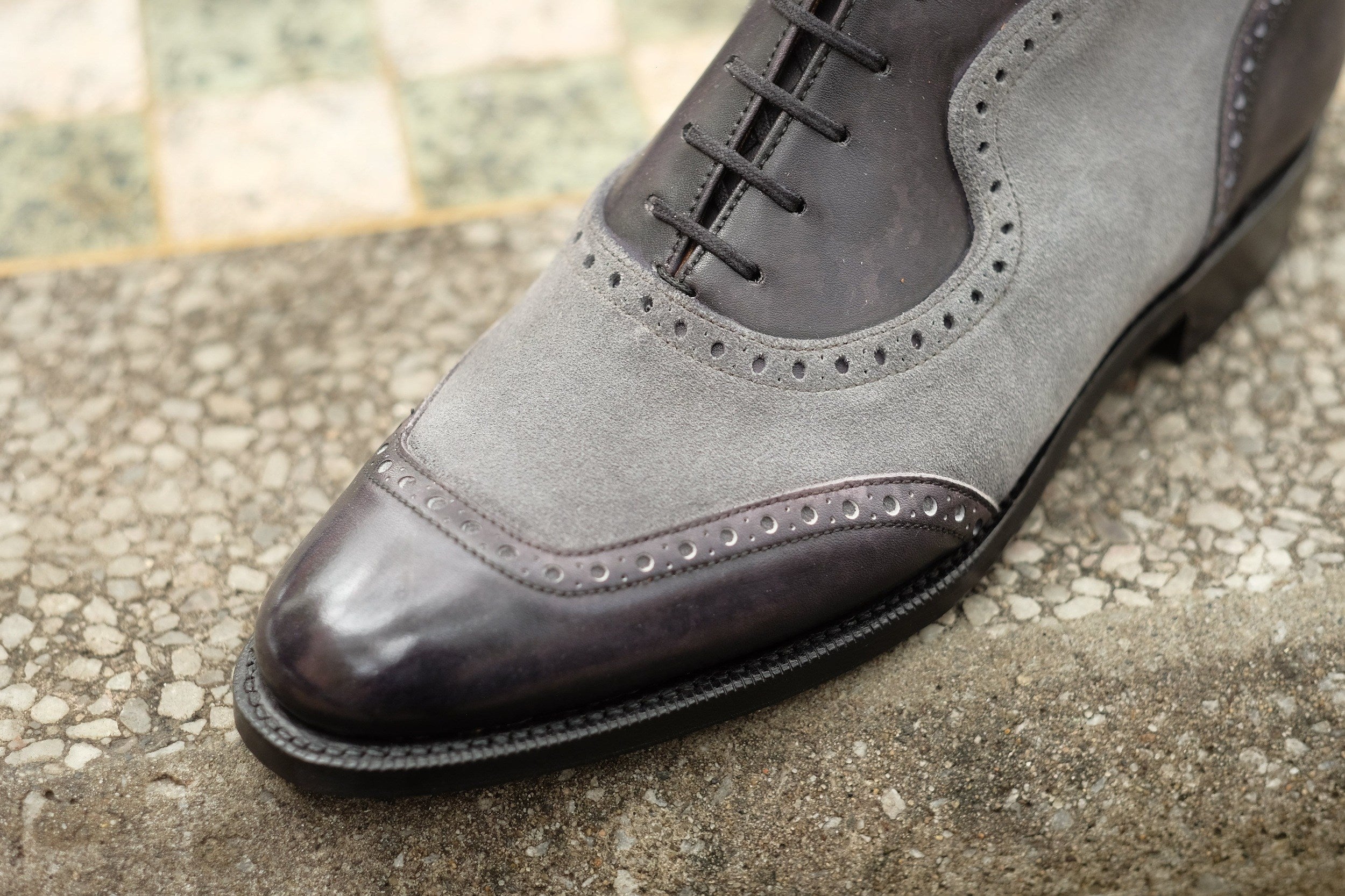 Pinehurst - MTO - Black Marble Patina / Light Grey Suede - TMG Last - Single Leather Sole-Made To Order Lace Laceup Balmoral Boot Brogue-J.FitzPatrick Footwear