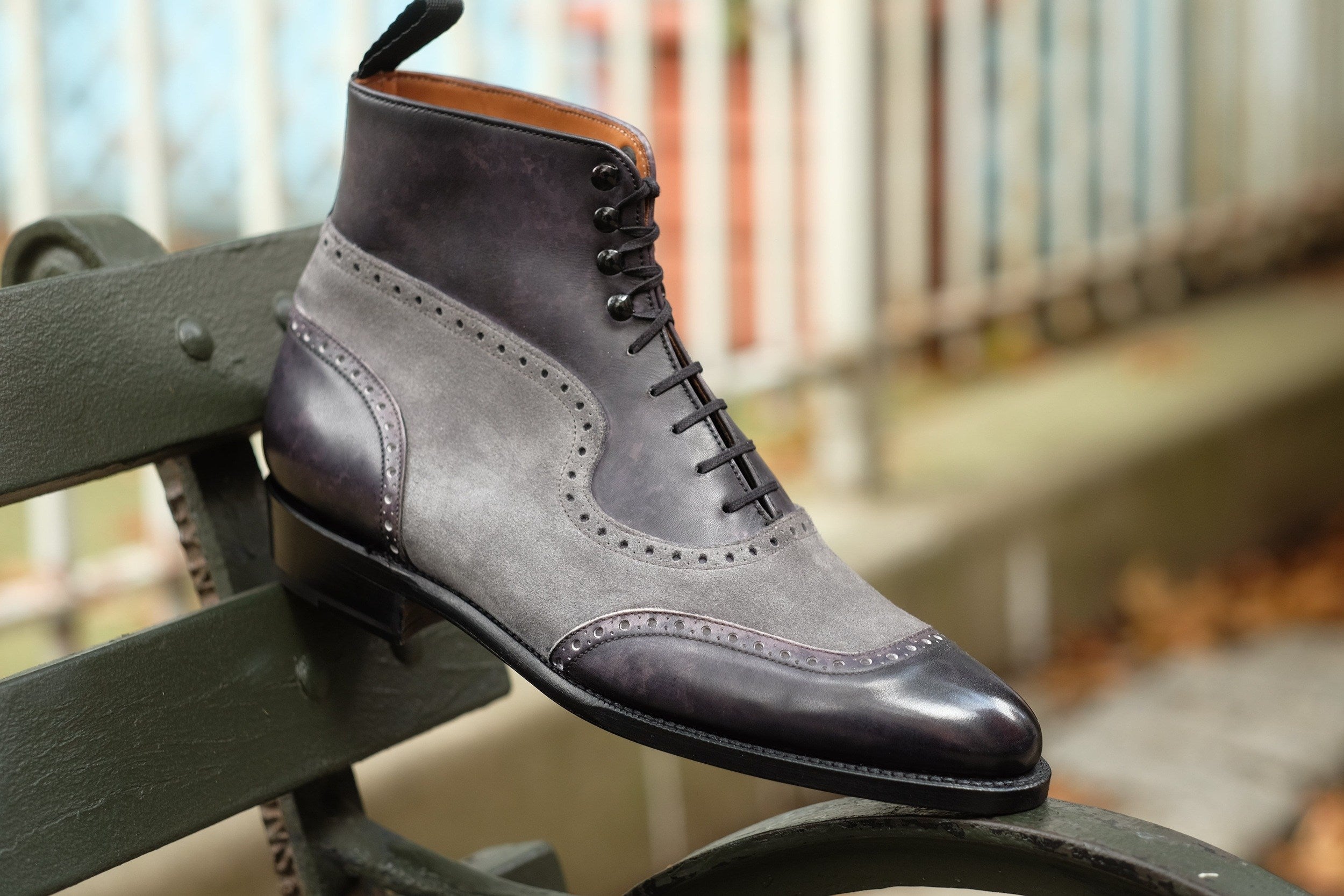 Pinehurst - MTO - Black Marble Patina / Light Grey Suede - TMG Last - Single Leather Sole-Made To Order Lace Laceup Balmoral Boot Brogue-J.FitzPatrick Footwear