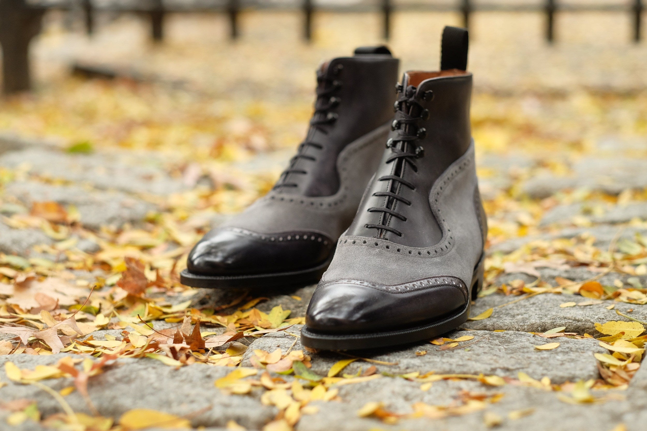 Pinehurst - MTO - Black Marble Patina / Light Grey Suede - TMG Last - Single Leather Sole-Made To Order Lace Laceup Balmoral Boot Brogue-J.FitzPatrick Footwear