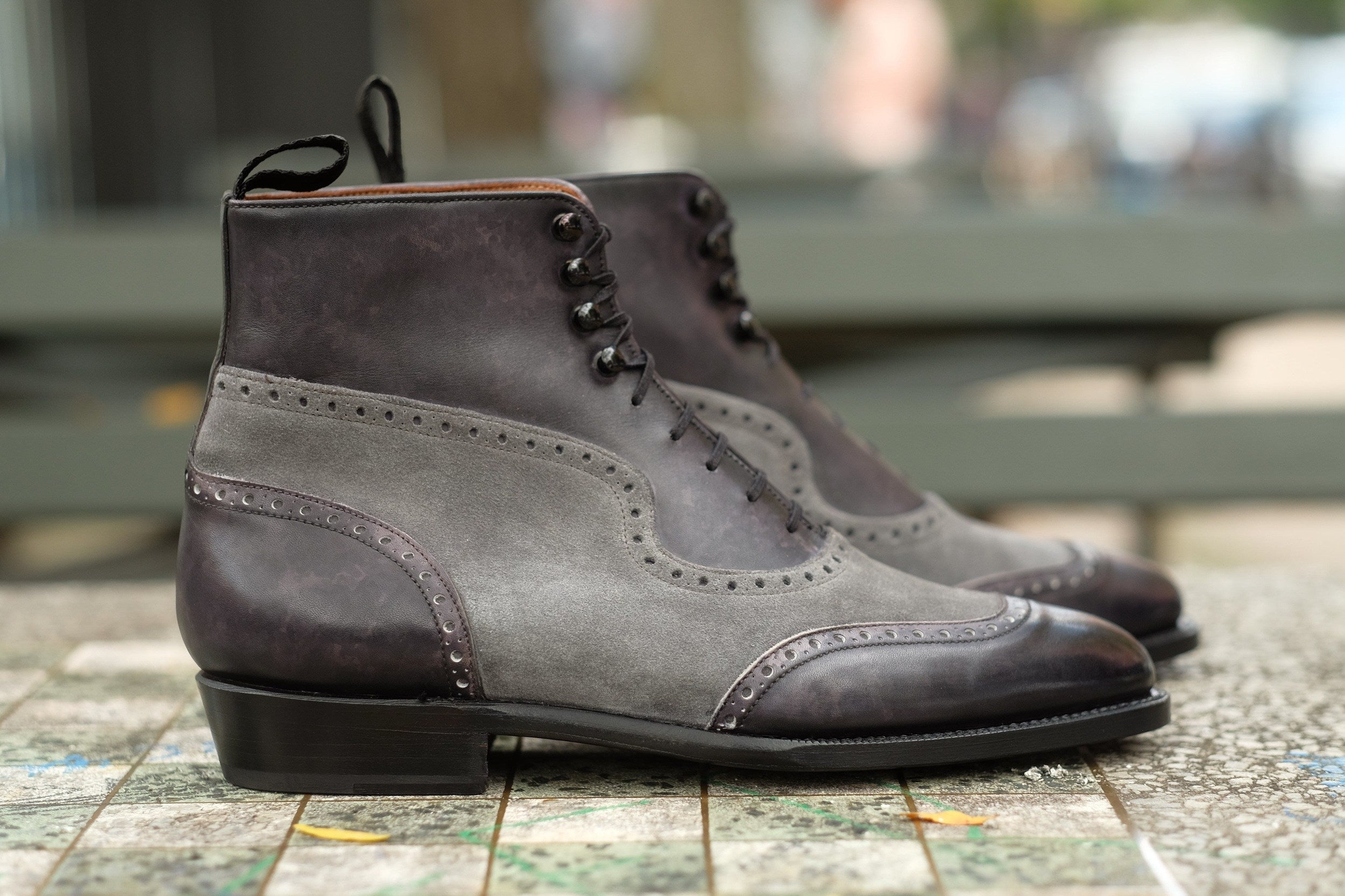 Pinehurst - MTO - Black Marble Patina / Light Grey Suede - TMG Last - Single Leather Sole-Made To Order Lace Laceup Balmoral Boot Brogue-J.FitzPatrick Footwear