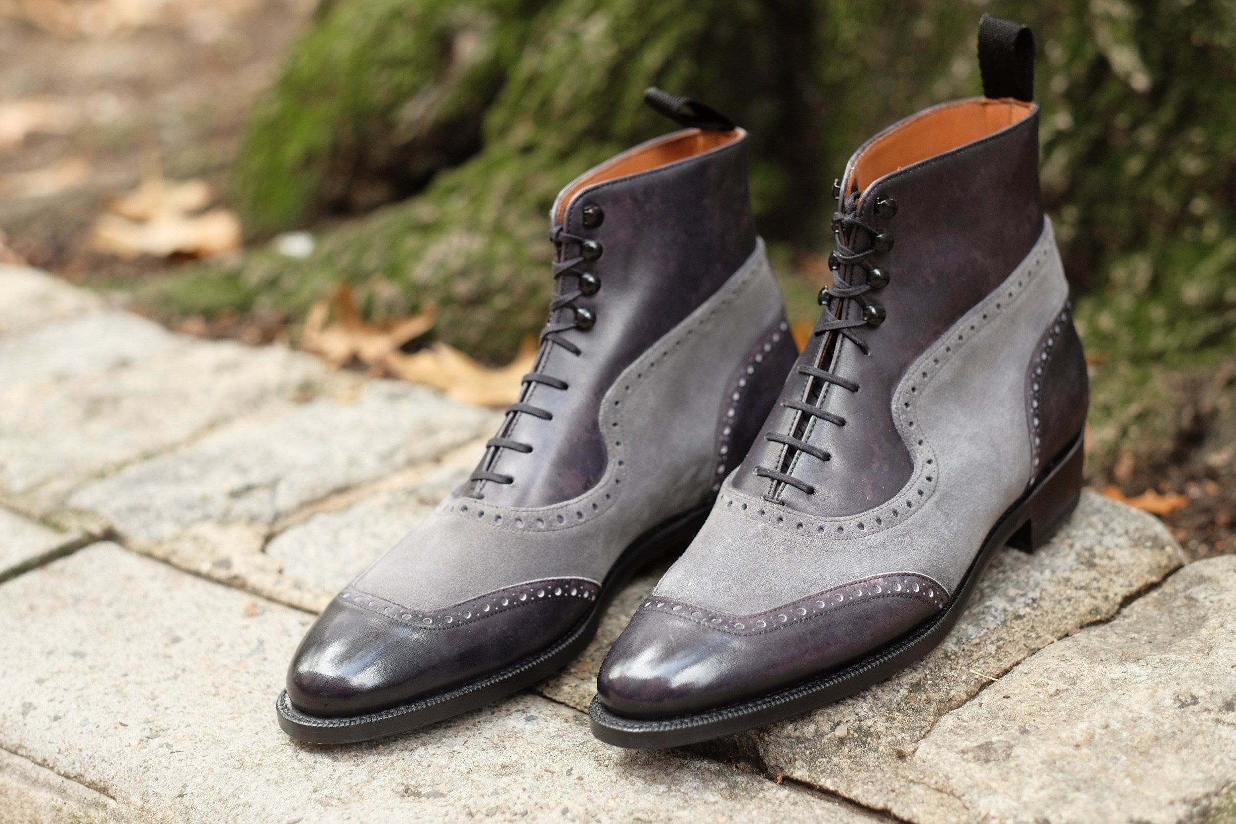 Pinehurst - MTO - Black Marble Patina / Light Grey Suede - TMG Last - Single Leather Sole-Made To Order Lace Laceup Balmoral Boot Brogue-J.FitzPatrick Footwear