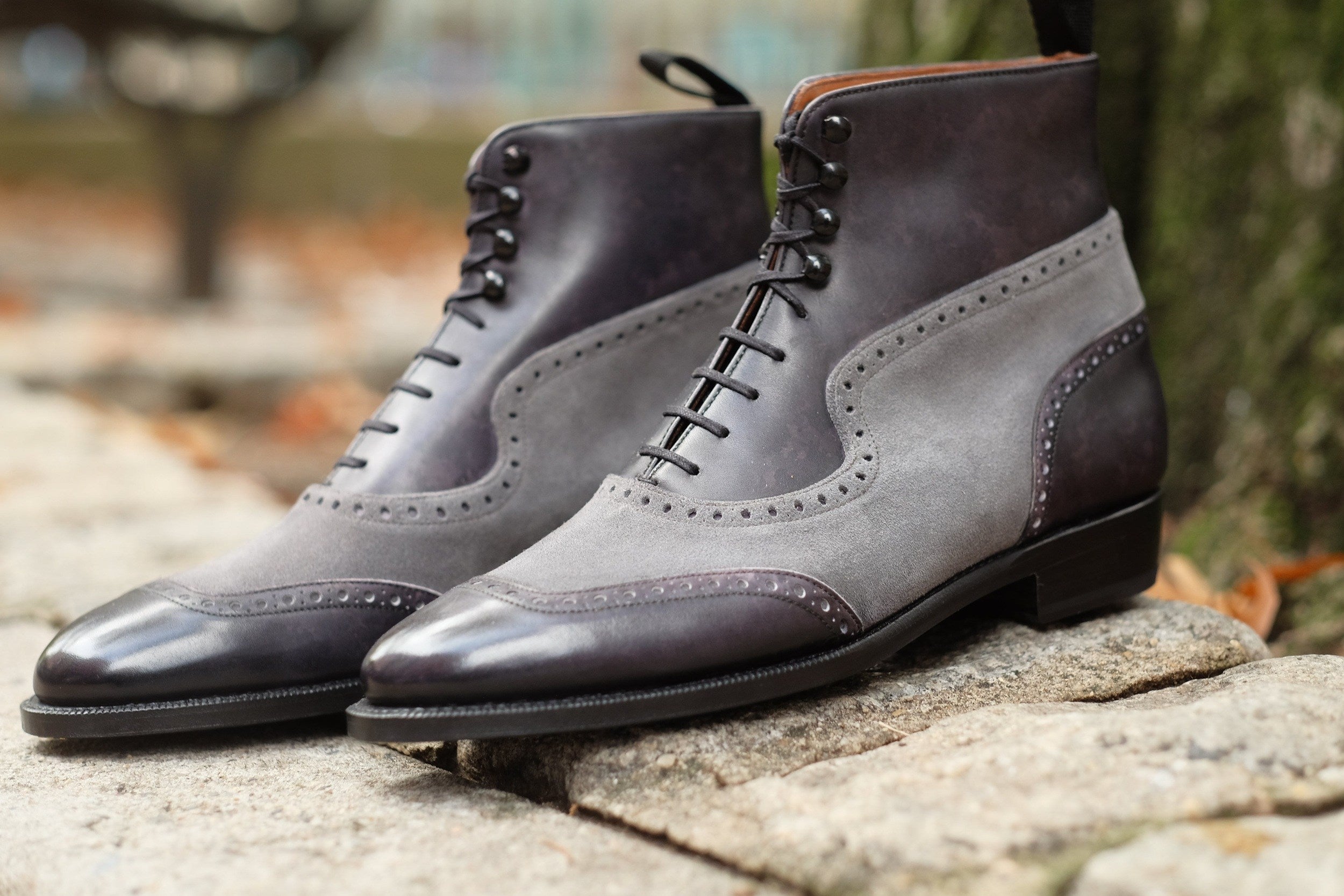 Pinehurst - MTO - Black Marble Patina / Light Grey Suede - TMG Last - Single Leather Sole-Made To Order Lace Laceup Balmoral Boot Brogue-J.FitzPatrick Footwear